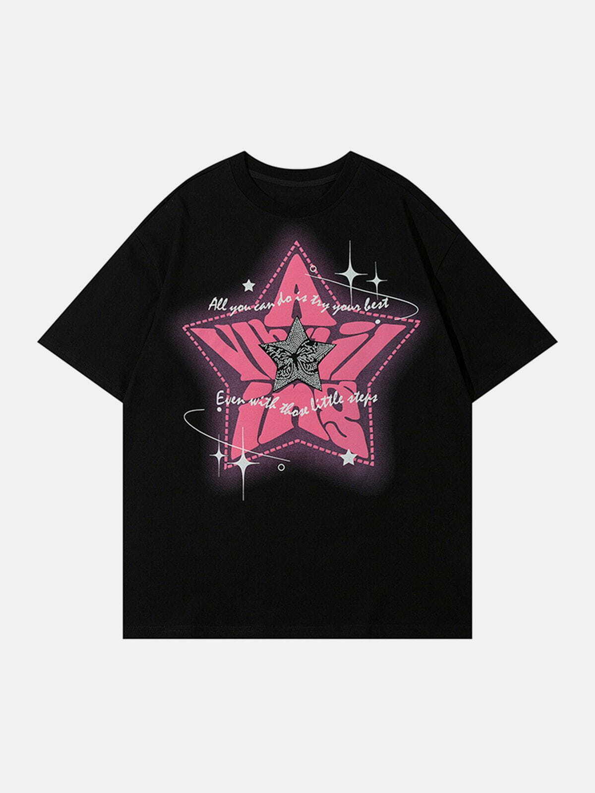 Y2K Star Print Butterfly Shadow Tee - Retro 90s Grunge Summer Outfit for Women