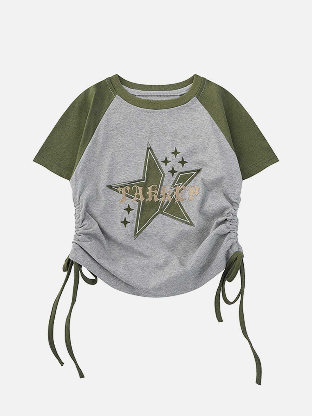 Y2K Star Print Drawstring Tee - Retro 90s Grunge Summer Outfit for Y2K Vibes