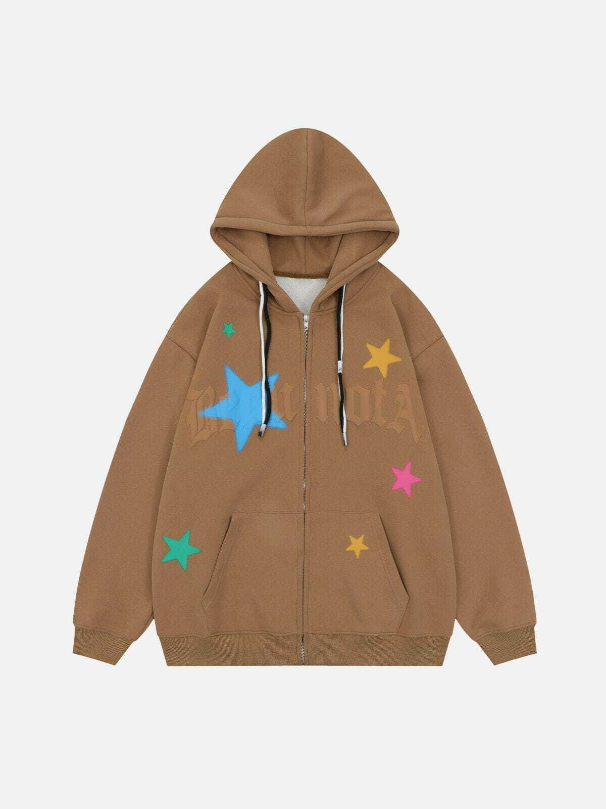 Y2K Star Print Fleece Zip Hoodie - Retro 90s Grunge Summer Outfit for Y2K Vibes