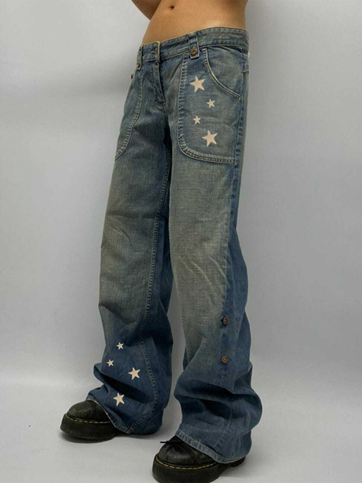 Y2K Star Print Low Rise Straight Leg Jeans - Retro 90s Grunge Summer Outfit Essential