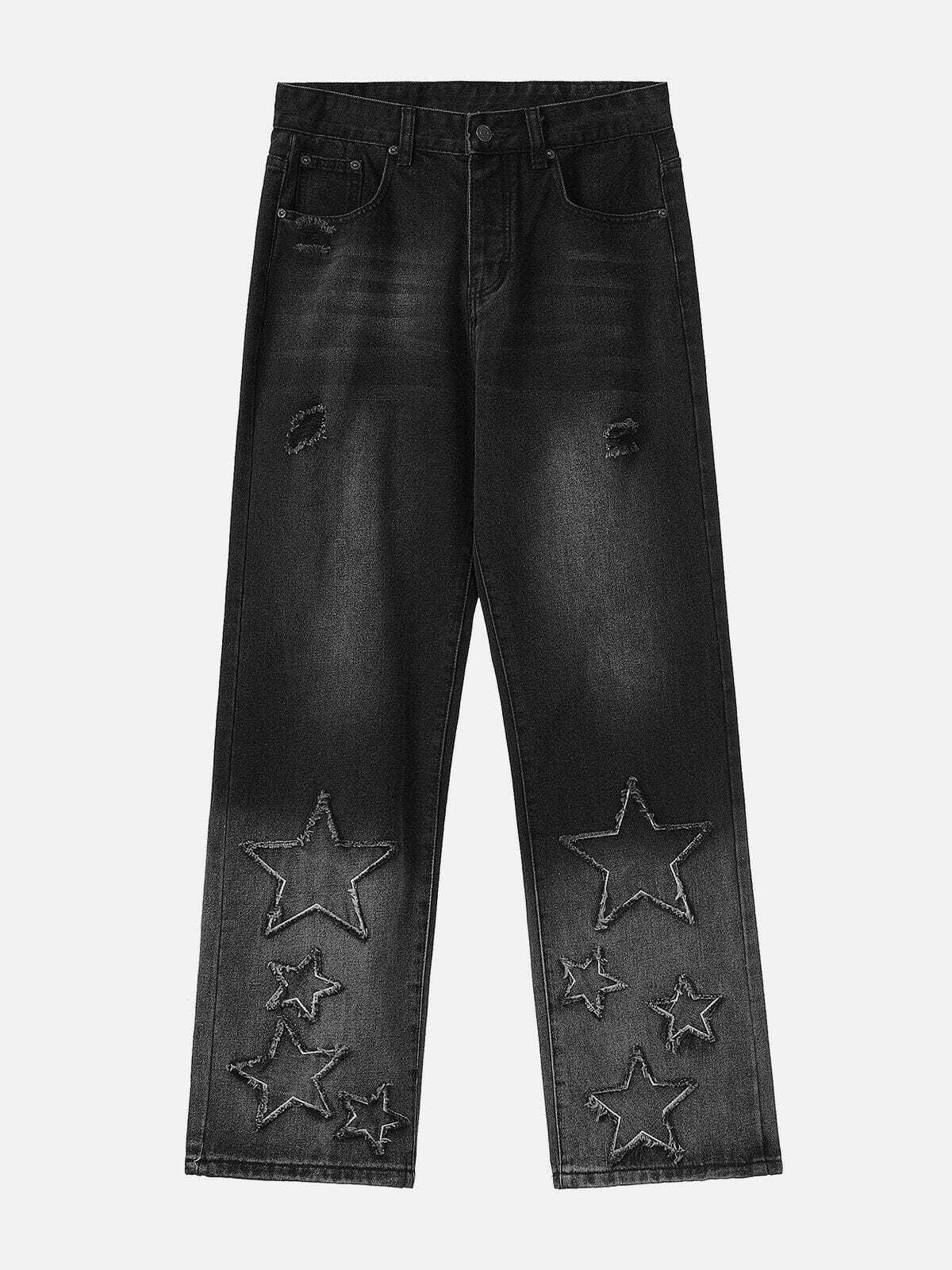 Y2K Star Print Patchwork Jeans - Retro 90s Grunge Outfit for Summer Parties & Festivals