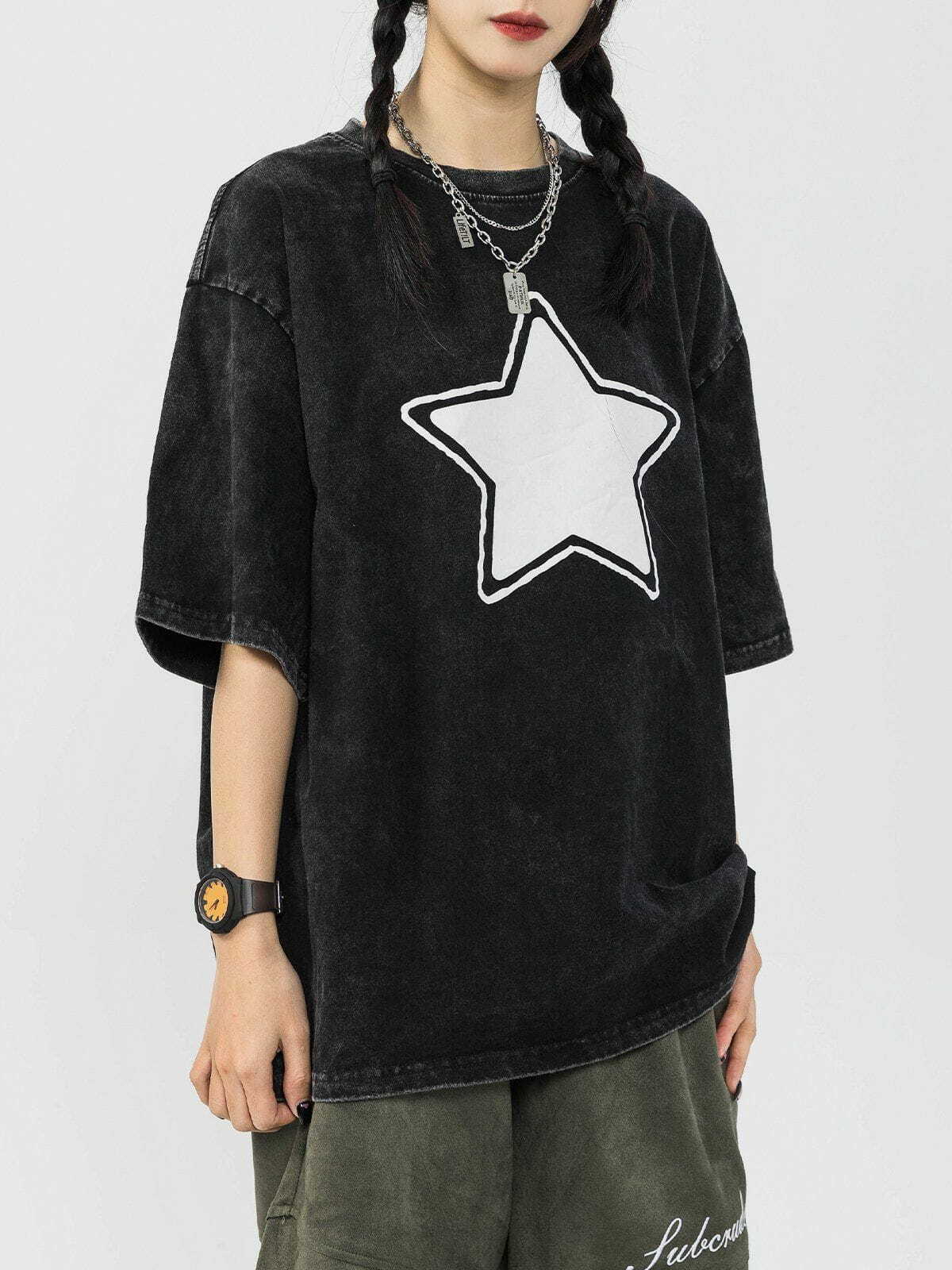 Y2K Star Print Washed Tee - Retro 90s Grunge Summer Outfit for Y2K Fashion Lovers