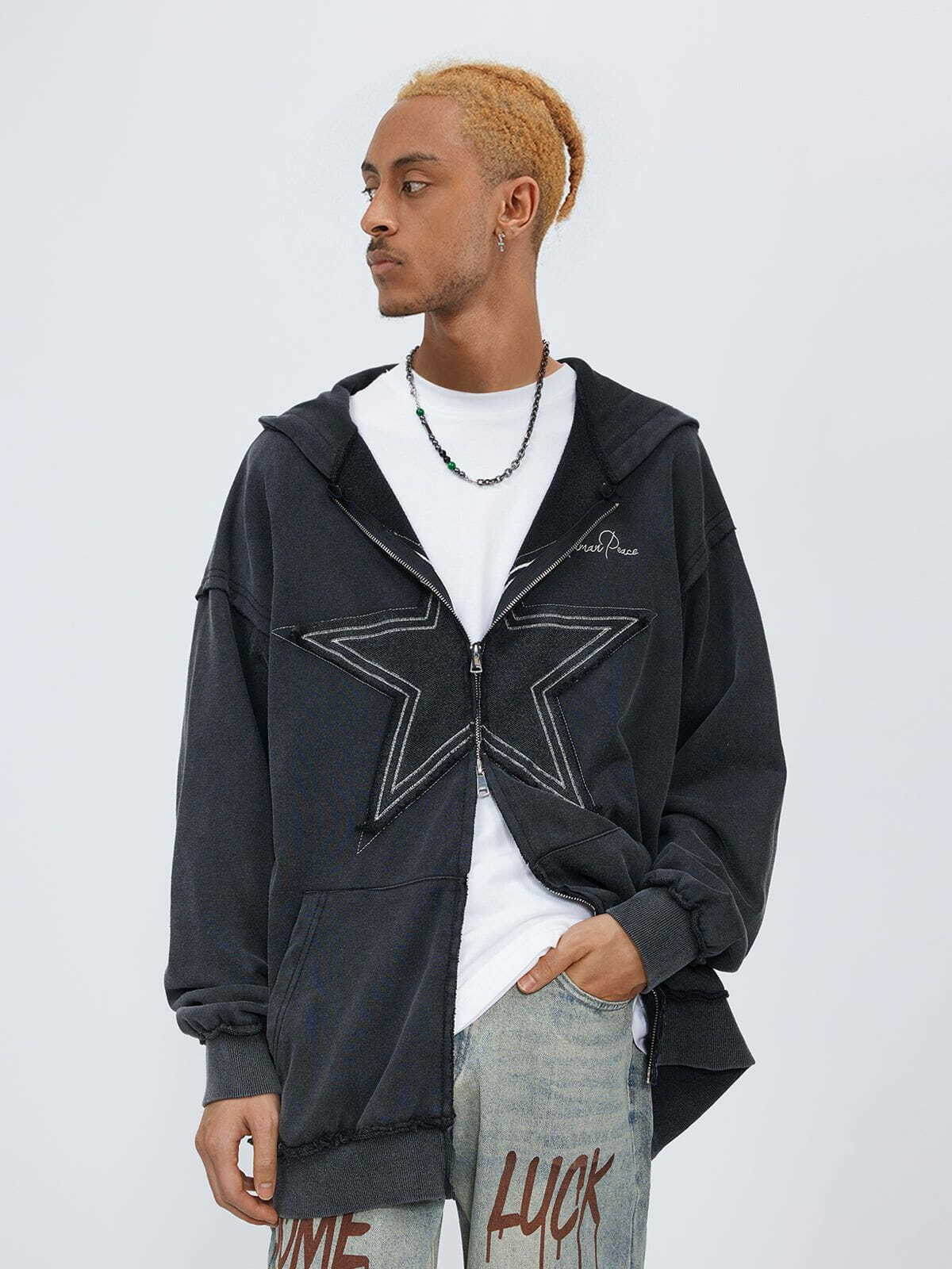 Y2K Star Washed Zip-Up Hoodie - Retro 90s Grunge Summer Outfit for Y2K Vibes