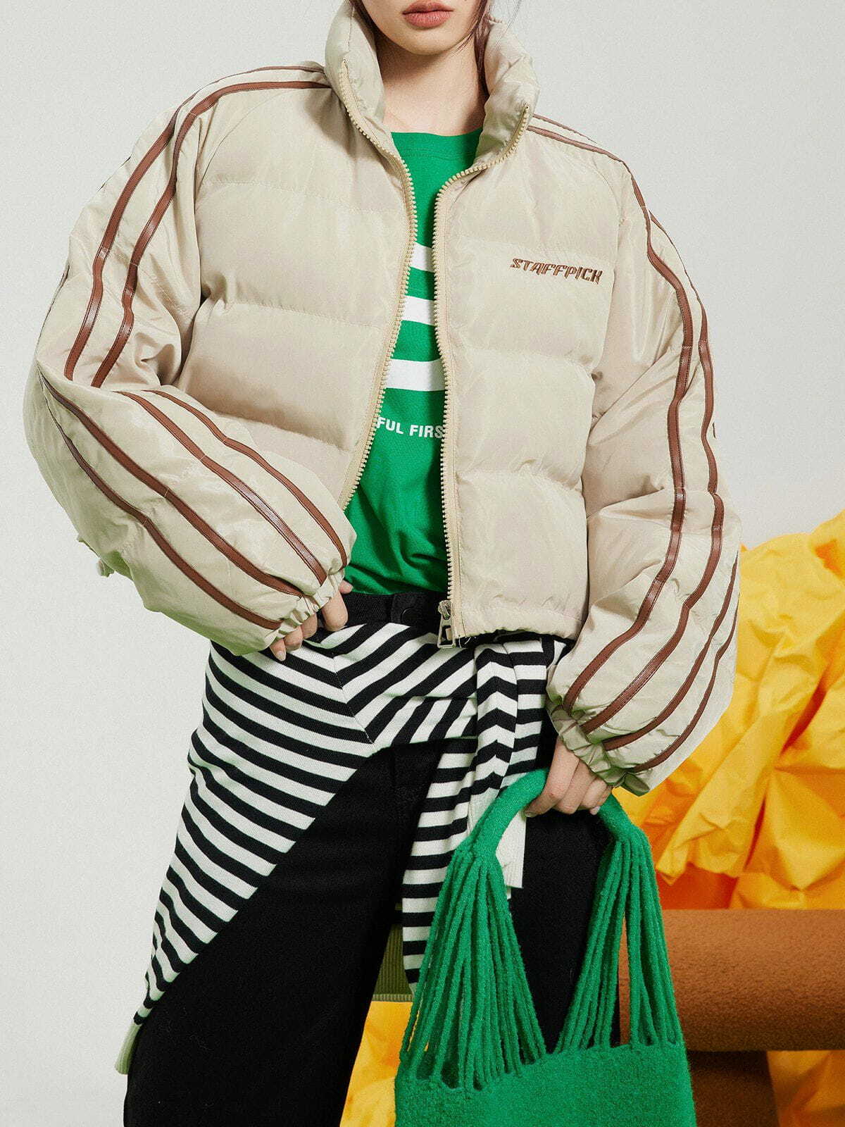 Y2K Striped Cropped Winter Coat - Retro 90s Grunge Style for Y2K Summer Outfits