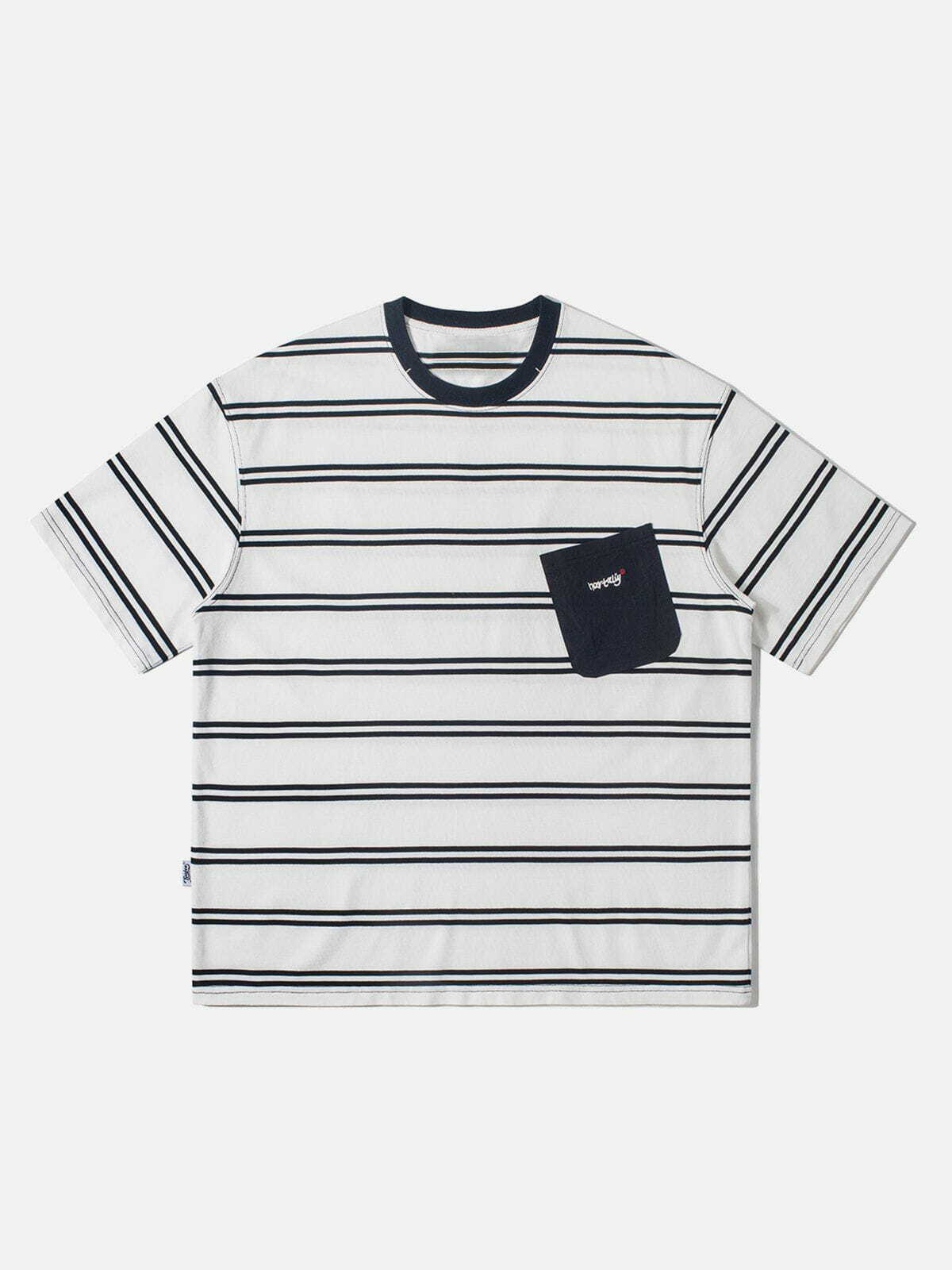 Y2K Striped Patch Pocket Tee - Retro 90s Grunge Summer Outfit for Y2K Fashion Lovers