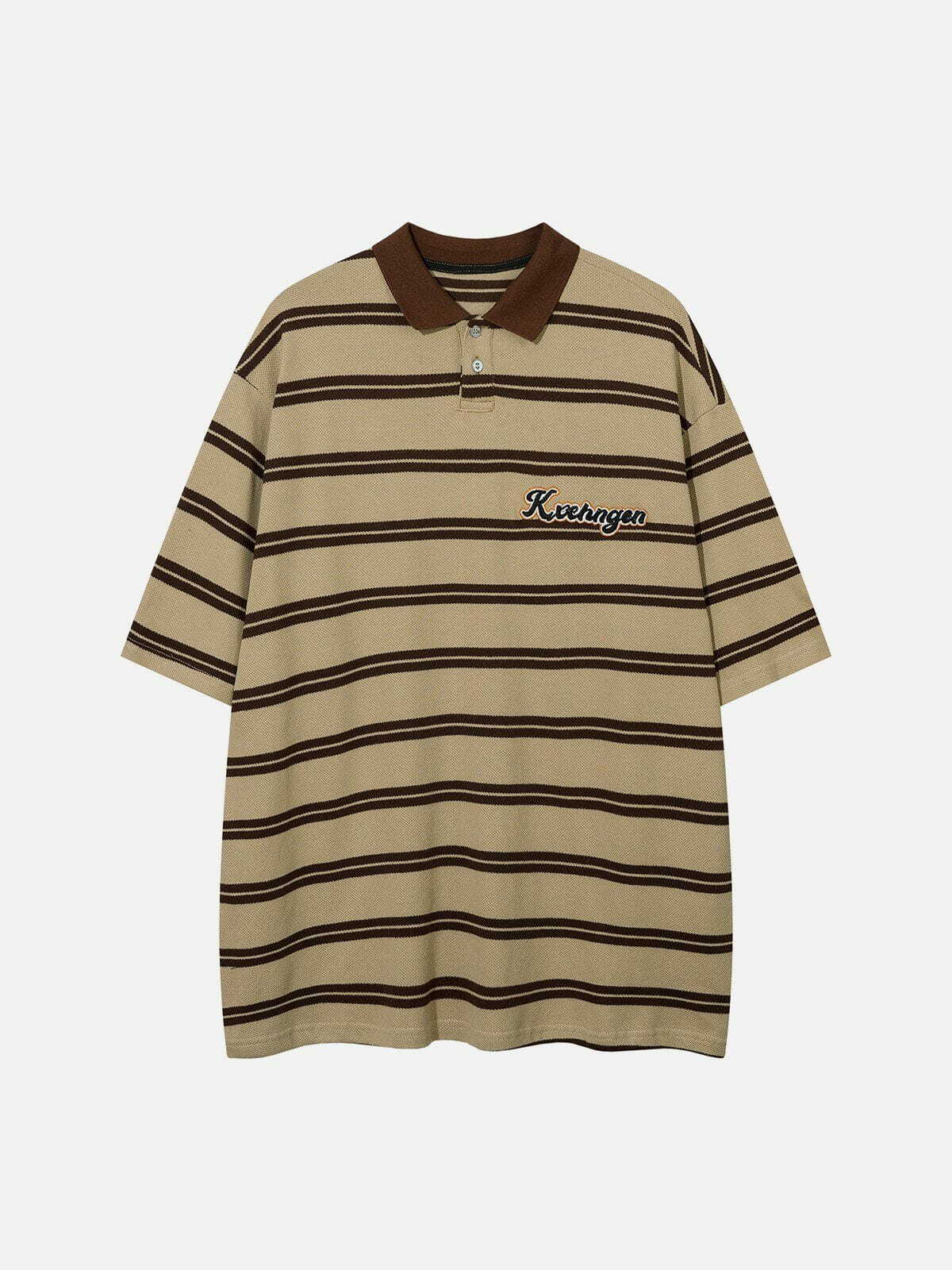 Y2K Striped Polo Tee with 5D Skin Embroidery - Retro 90s Grunge Summer Outfit