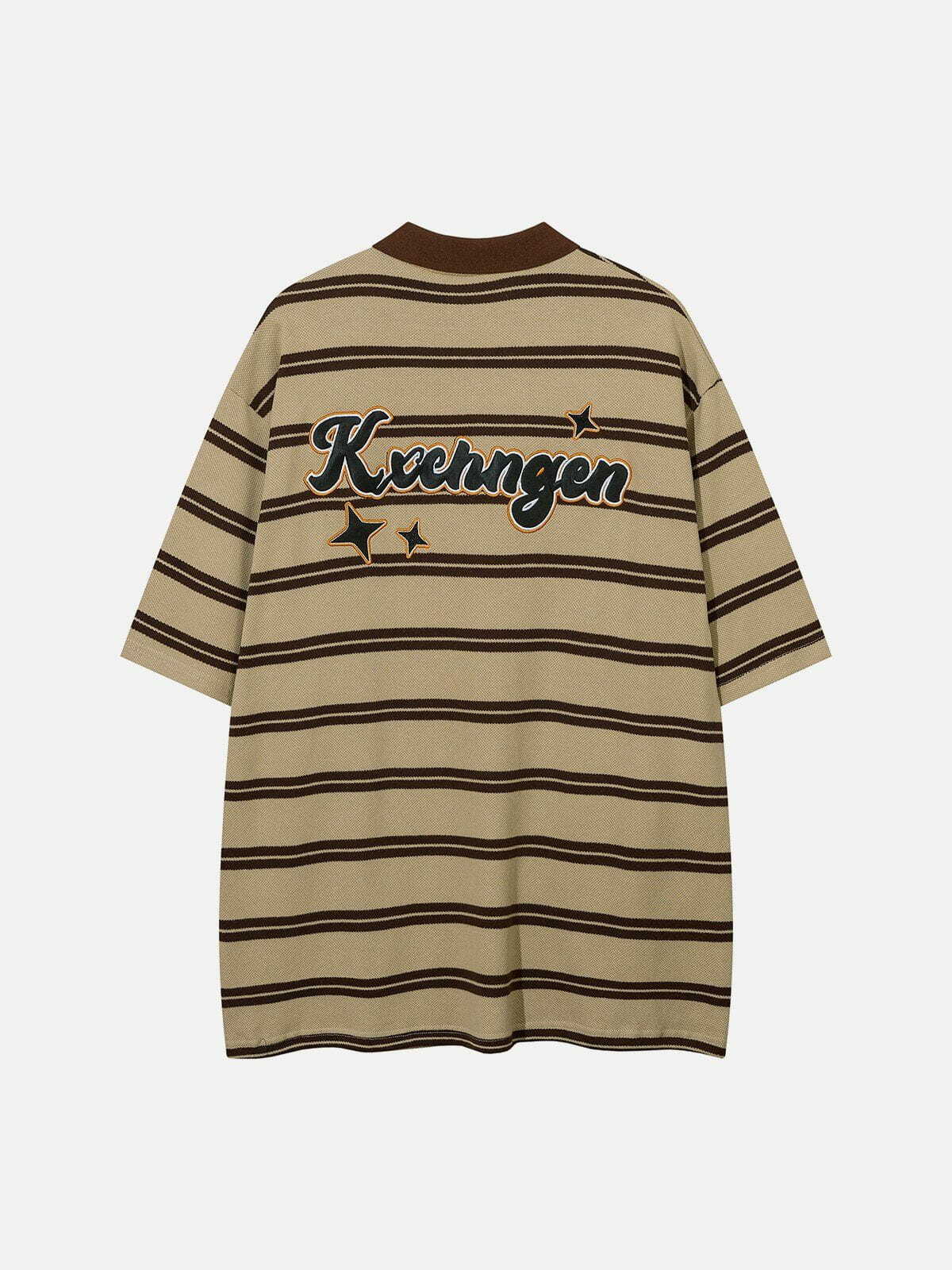 Y2K Striped Polo Tee with 5D Skin Embroidery - Retro 90s Grunge Summer Outfit