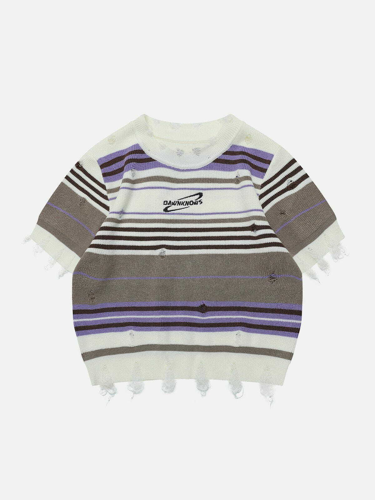 Y2K Striped Raw Edge Knit Tee - Retro 90s Grunge Top for Summer Outfits & Party Looks