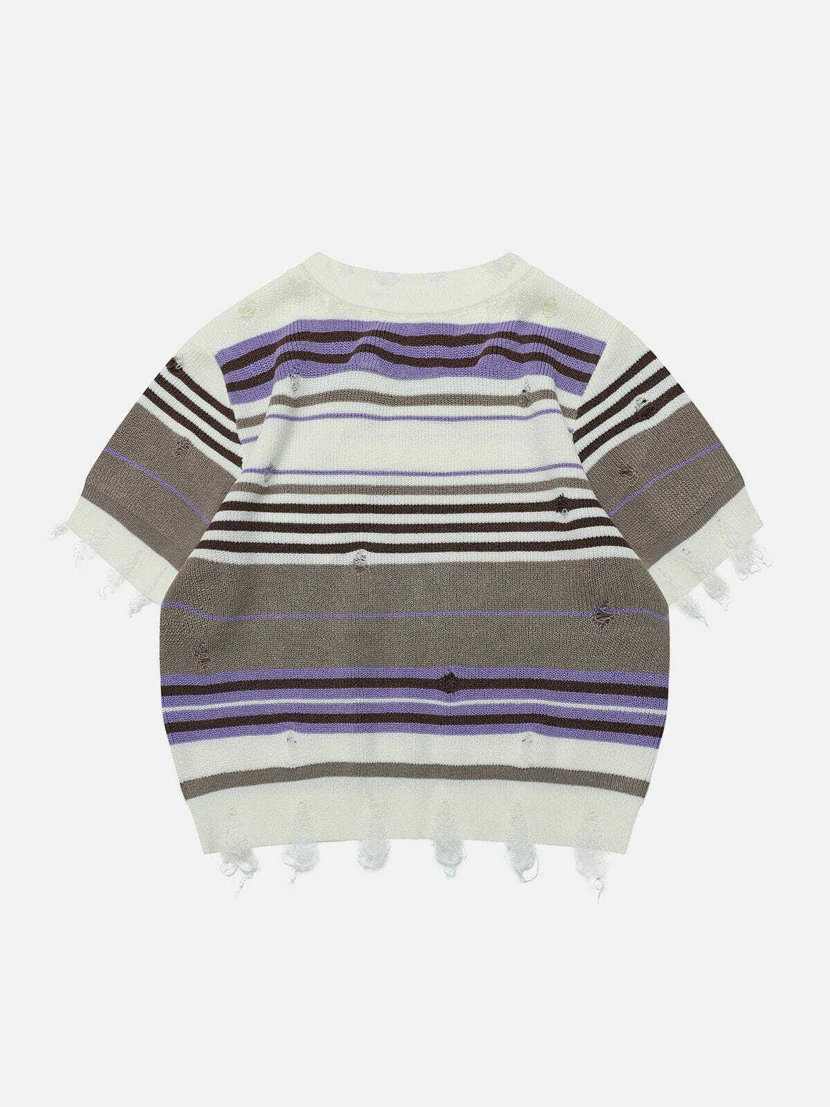 Y2K Striped Raw Edge Knit Tee - Retro 90s Grunge Top for Summer Outfits & Party Looks