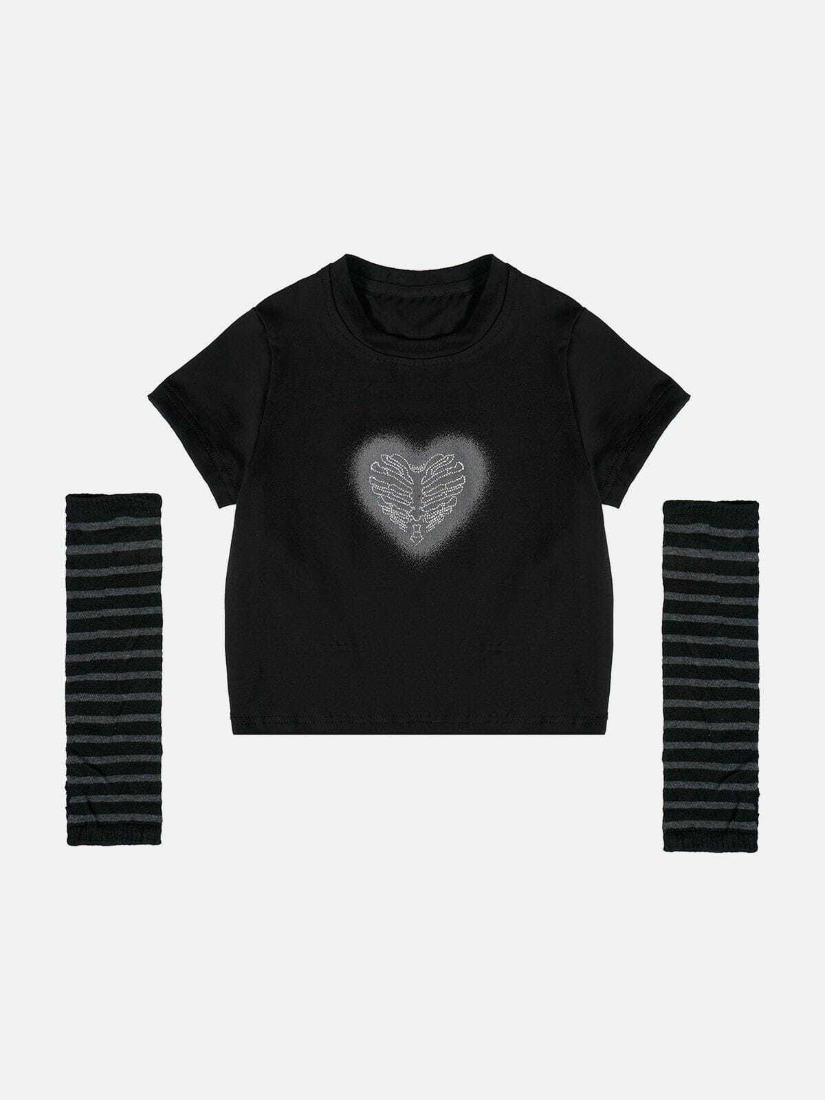 Y2K Stripes Heart Print Tee - Retro 90s Grunge Top for Summer Party Outfits