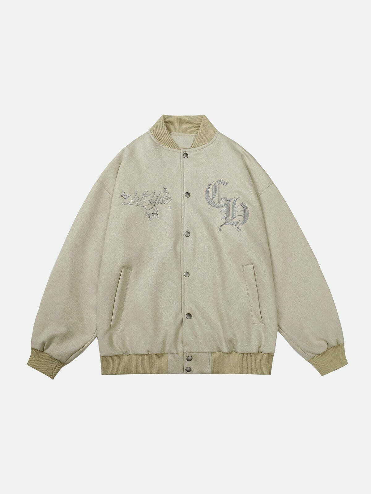 Y2K Suede Embroidered Varsity Jacket - Retro 90s Grunge Outfit for Summer Parties