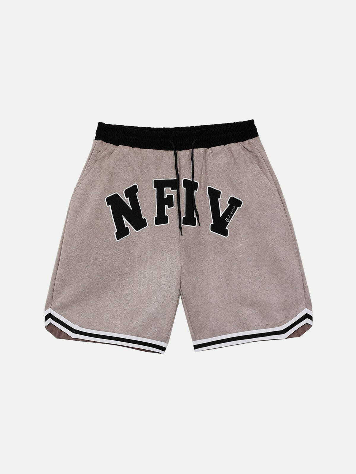 Y2K Suede 'NFIV' Letters Print Shorts - Retro 90s Grunge Summer Outfit for Women