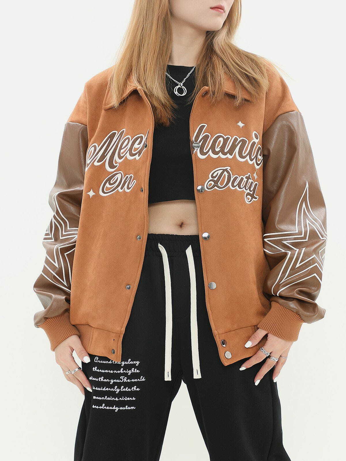 Y2K Suede Patchwork Varsity Jacket - Retro 90s Grunge Outfit for Summer Parties & Clubbing