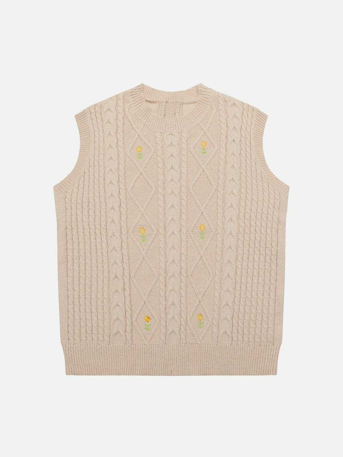 Y2K Sunflower Embroidered Sweater Vest - Retro 90s Grunge Outfit for Summer Parties