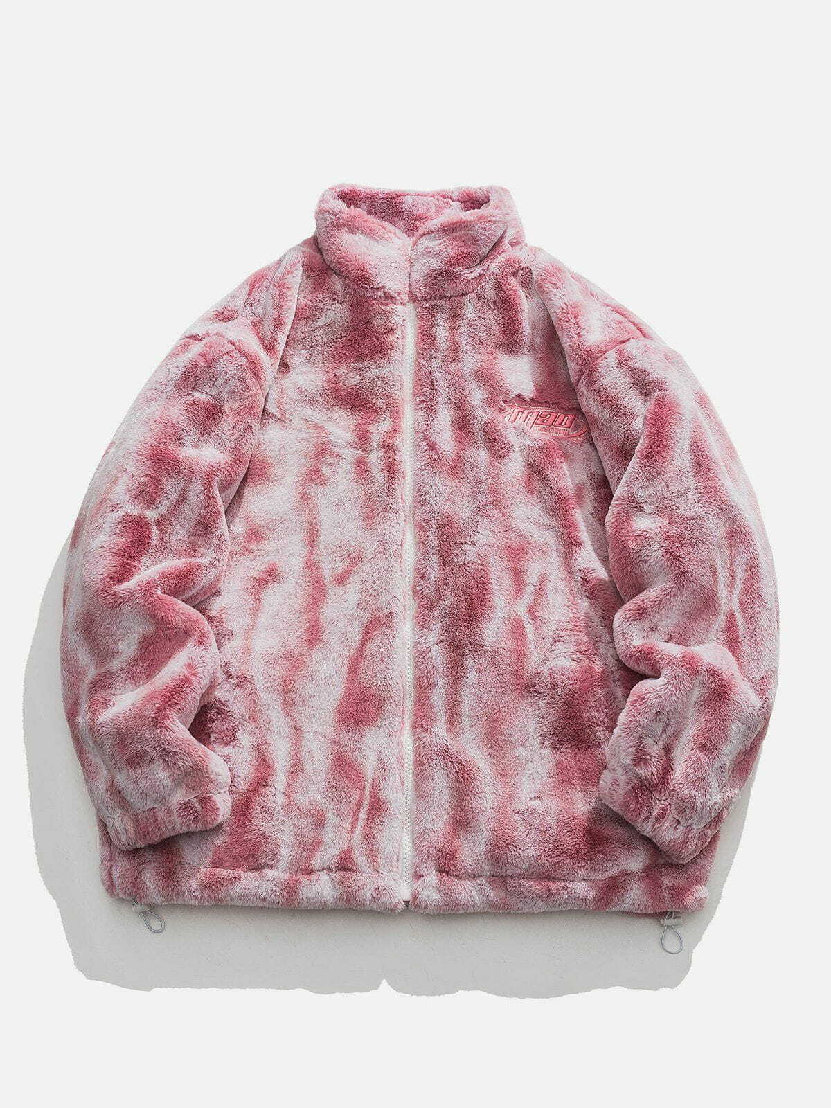 Y2K Tie Dye Gradient Plush Stand Collar Coat - Retro 90s Grunge Winter Fashion Outerwear