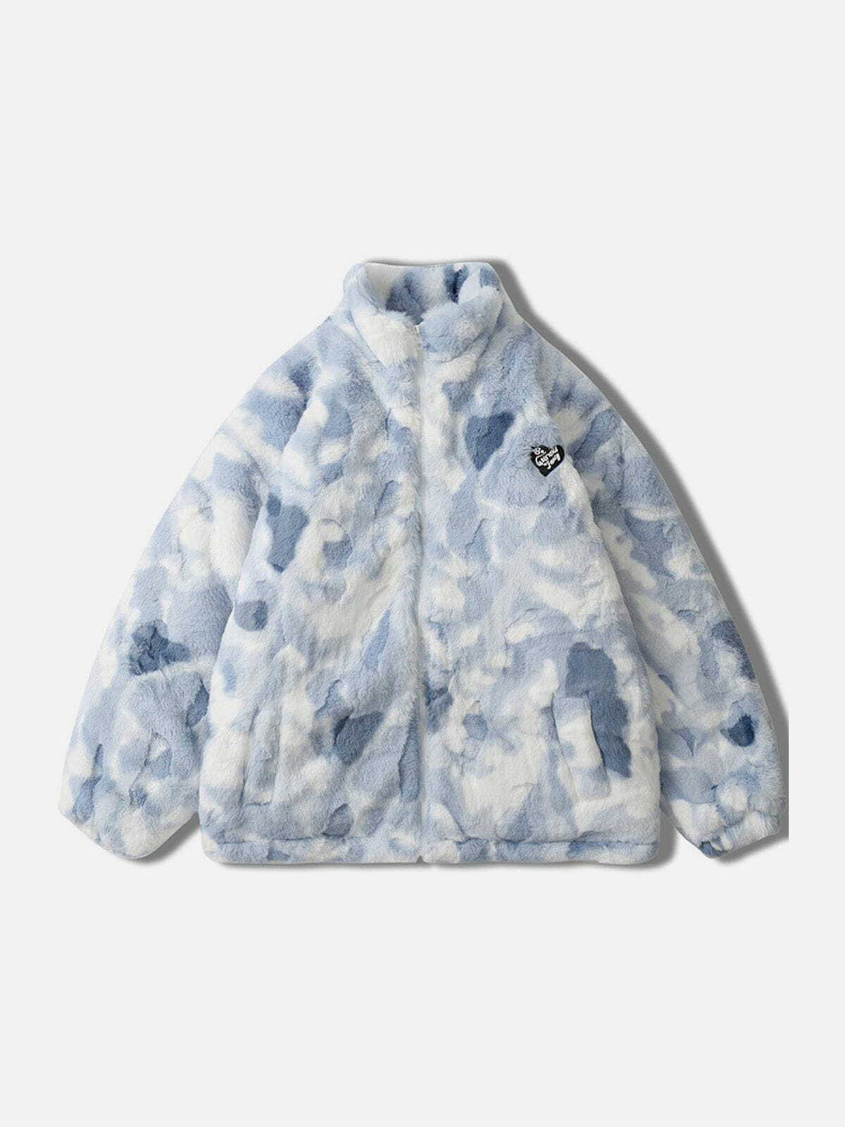 Y2K Tie-Dye Heart Sherpa Coat - Retro Grunge Style for Summer Parties & 90s Vibes