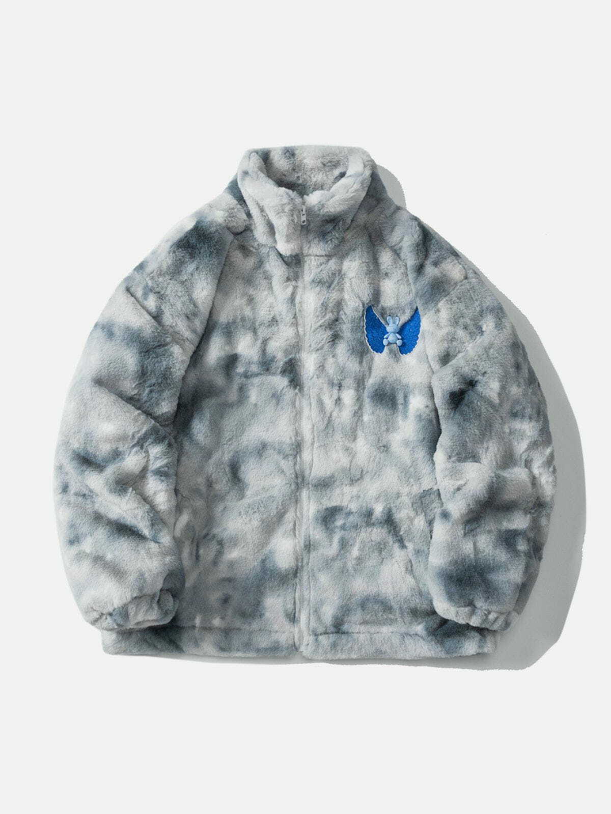 Y2K Tie Dye Sherpa Coat with Embroidered Wings - Retro 90s Grunge Fashion Outerwear