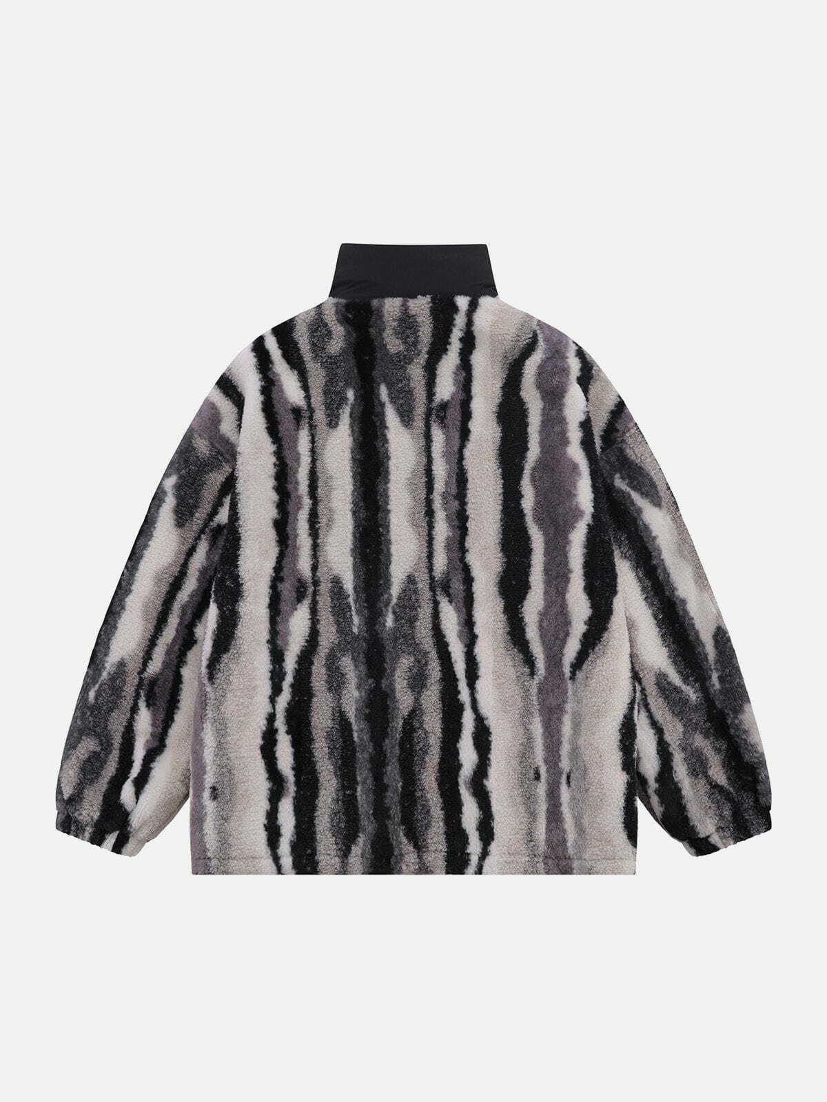 Y2K Tie-Dye Striped Patchwork Sherpa Coat - Retro 90s Grunge Summer Outfit Essential