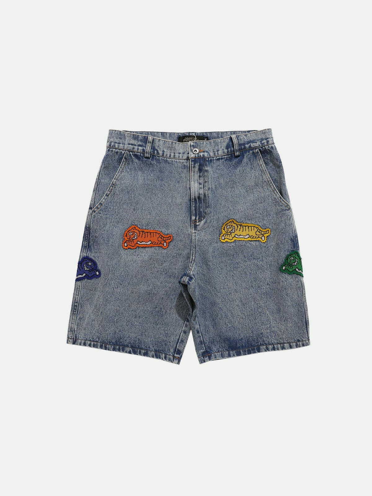 Y2K Tiger Embroidery Denim Shorts - Grunge & Retro 90s Summer Outfit for Women