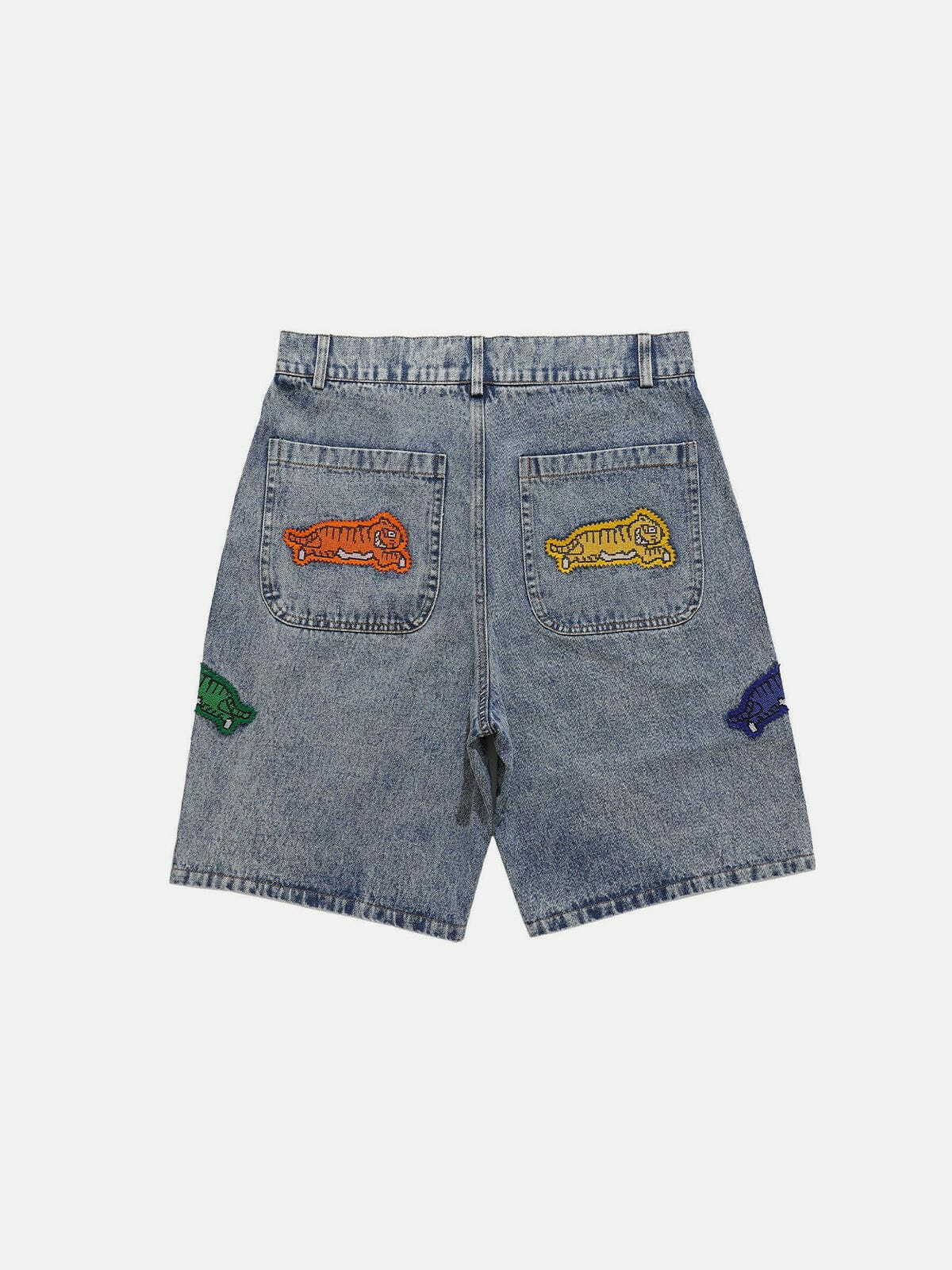 Y2K Tiger Embroidery Denim Shorts - Grunge & Retro 90s Summer Outfit for Women