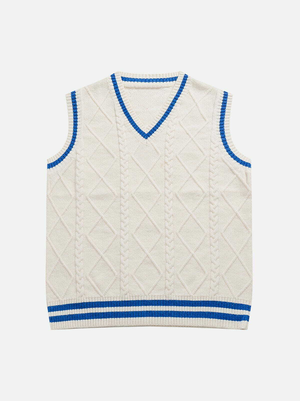 Y2K V-Neck Braided Pattern Sweater Vest - Retro 90s Grunge Summer Outfit Essential