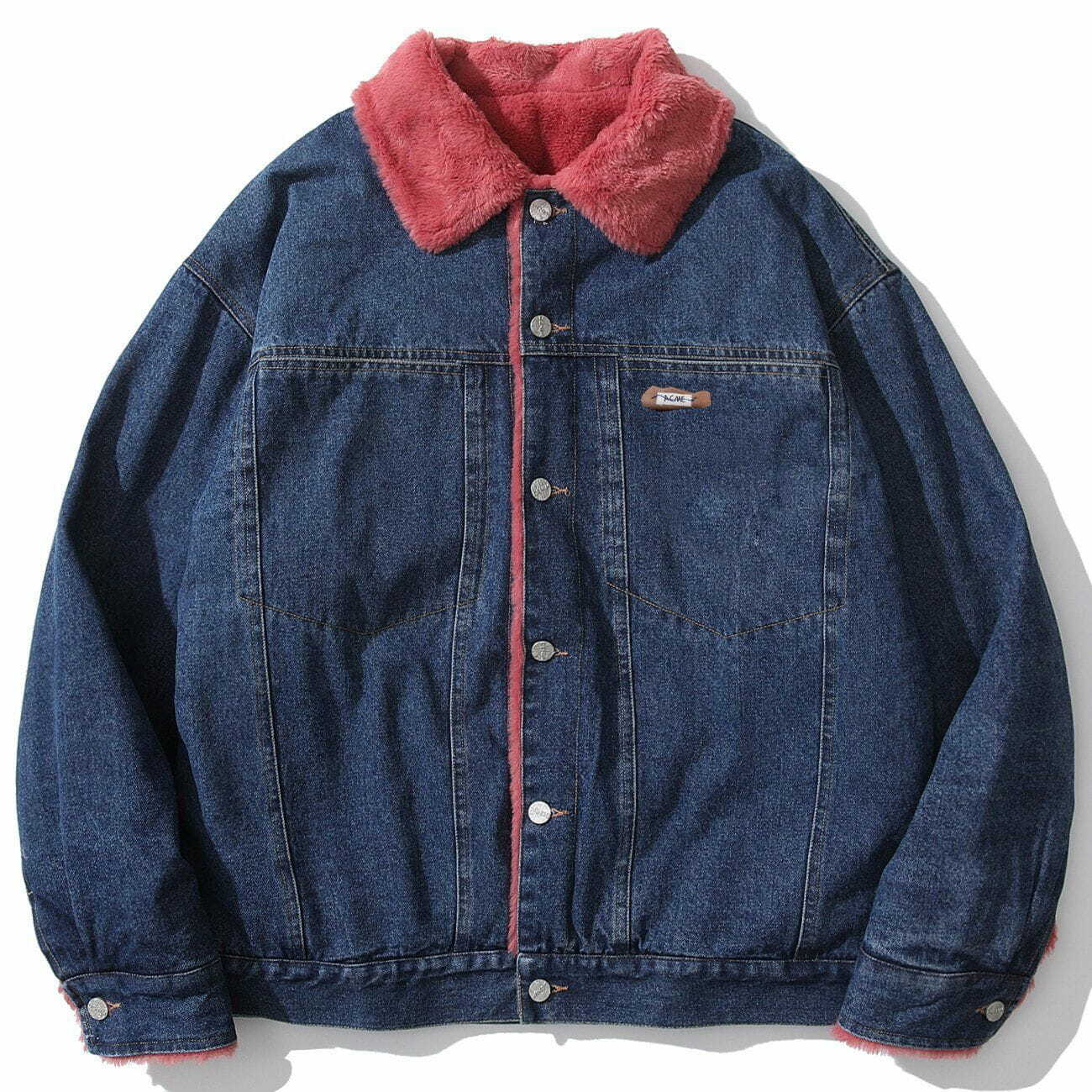 Y2K Velvet Denim Winter Coat with Polo Collar - Retro 90s Grunge Style Outerwear