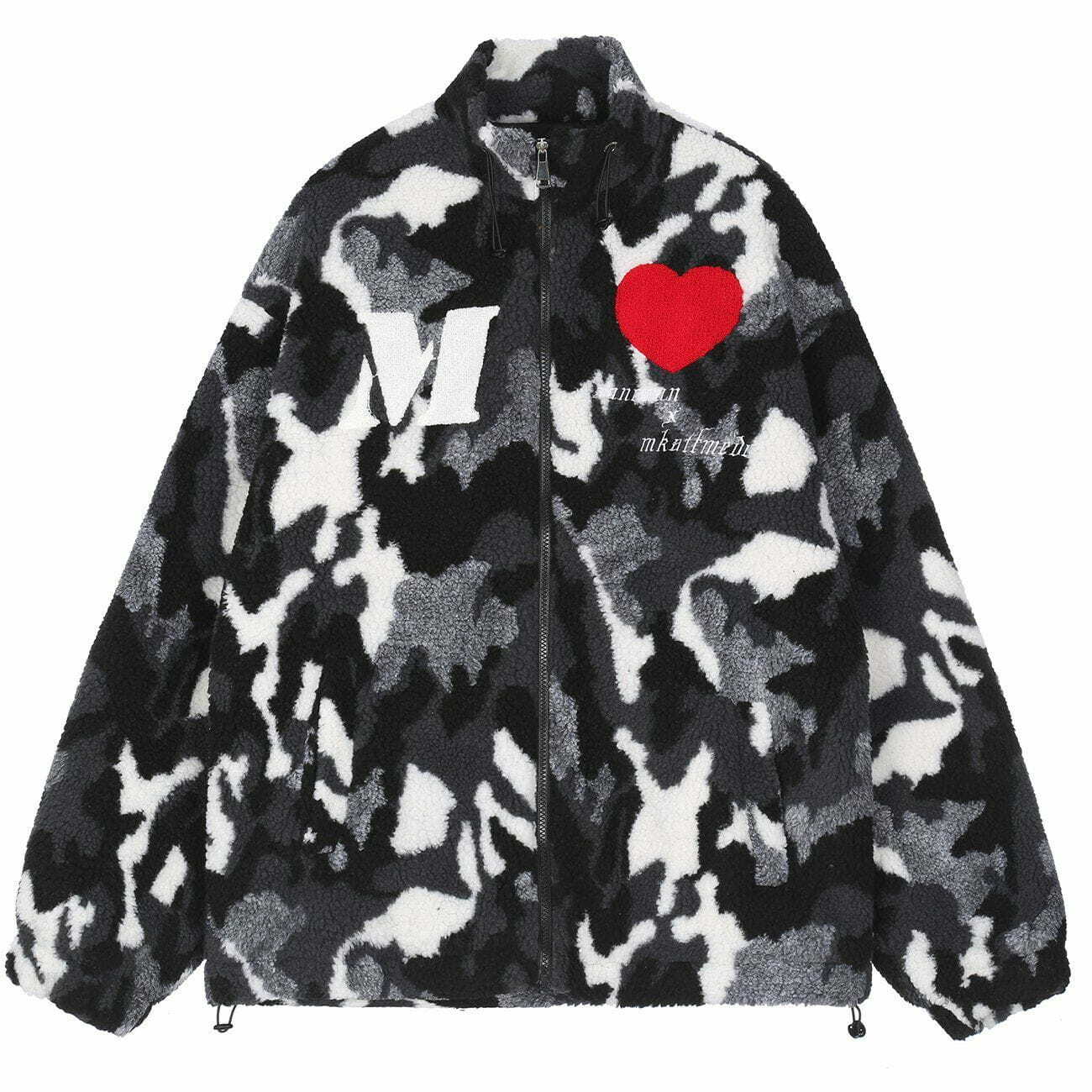 Y2K Vintage Camouflage Love Embroidery Sherpa Coat - Retro Grunge 90s Fashion Outerwear