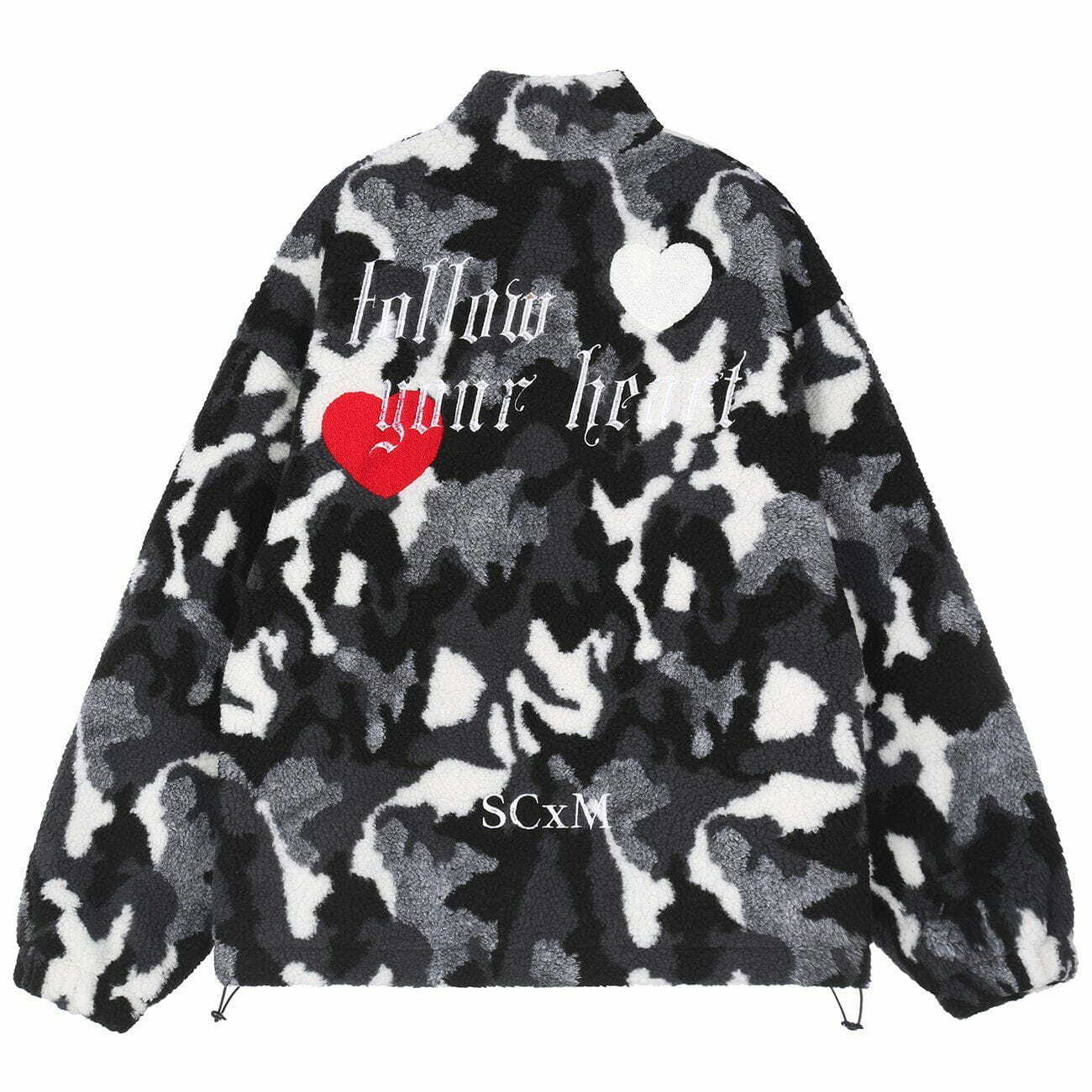 Y2K Vintage Camouflage Love Embroidery Sherpa Coat - Retro Grunge 90s Fashion Outerwear