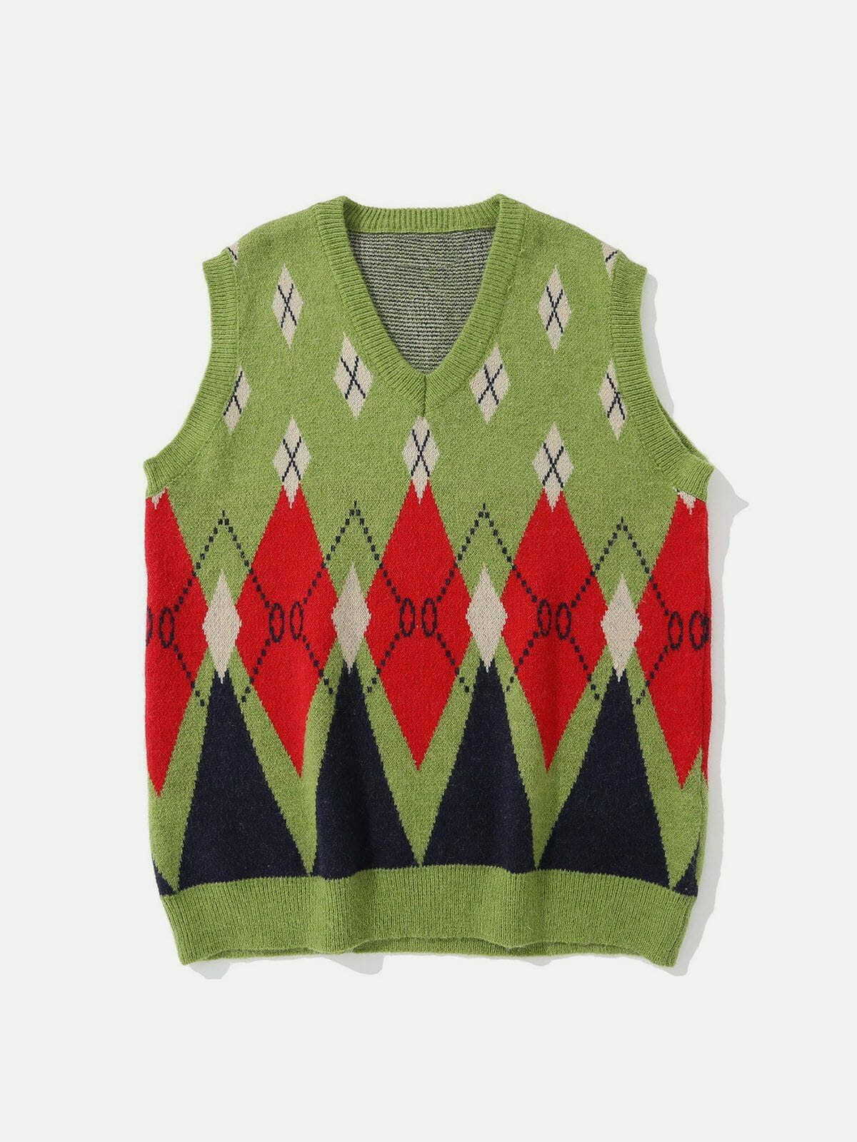 Y2K Vintage Diamond Pattern Knit Sweater Vest - Retro 90s Grunge Summer Outfit