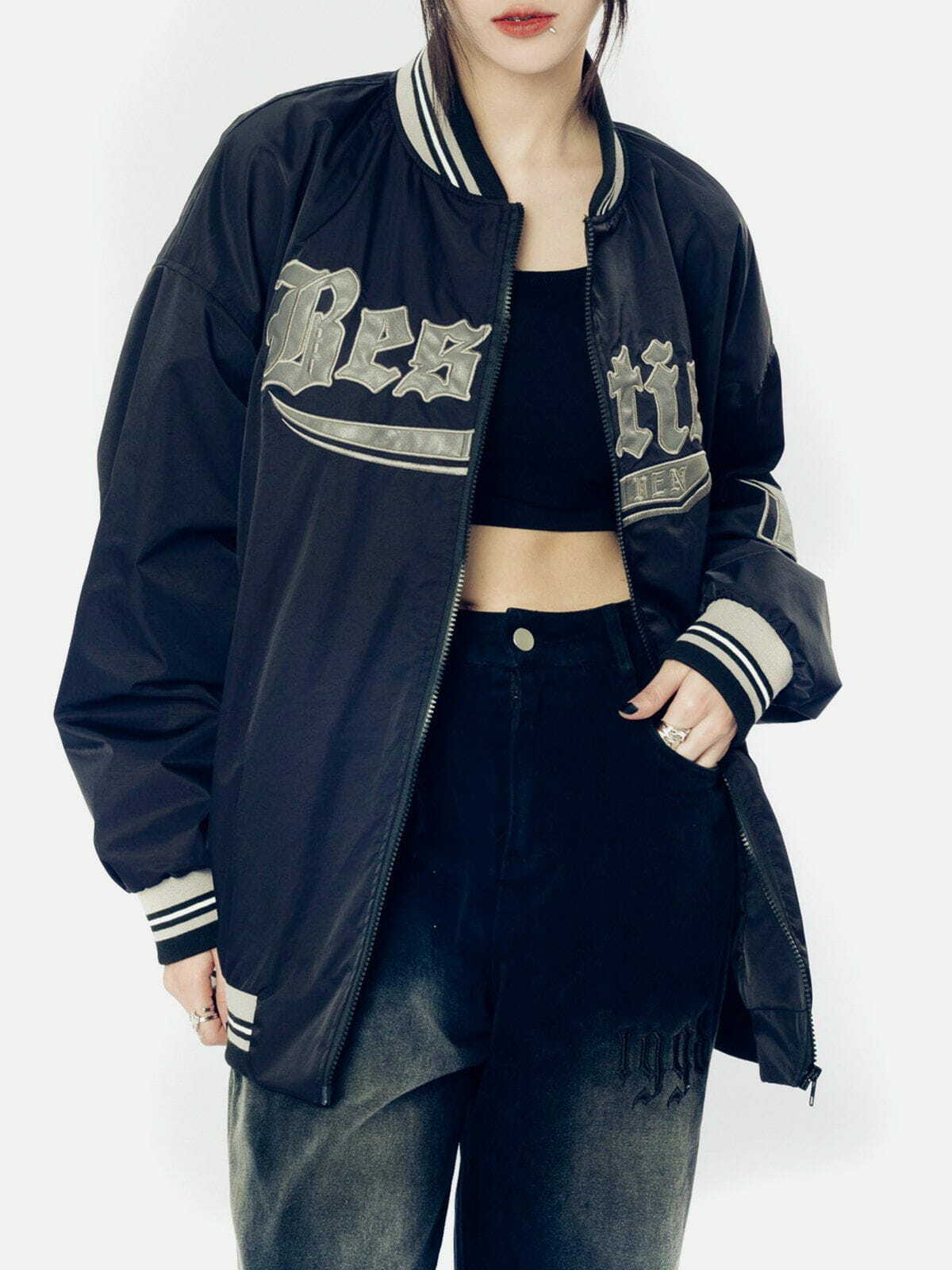 Y2K Vintage Embroidered Varsity Jacket - Retro 90s Grunge Style for Summer Outfits