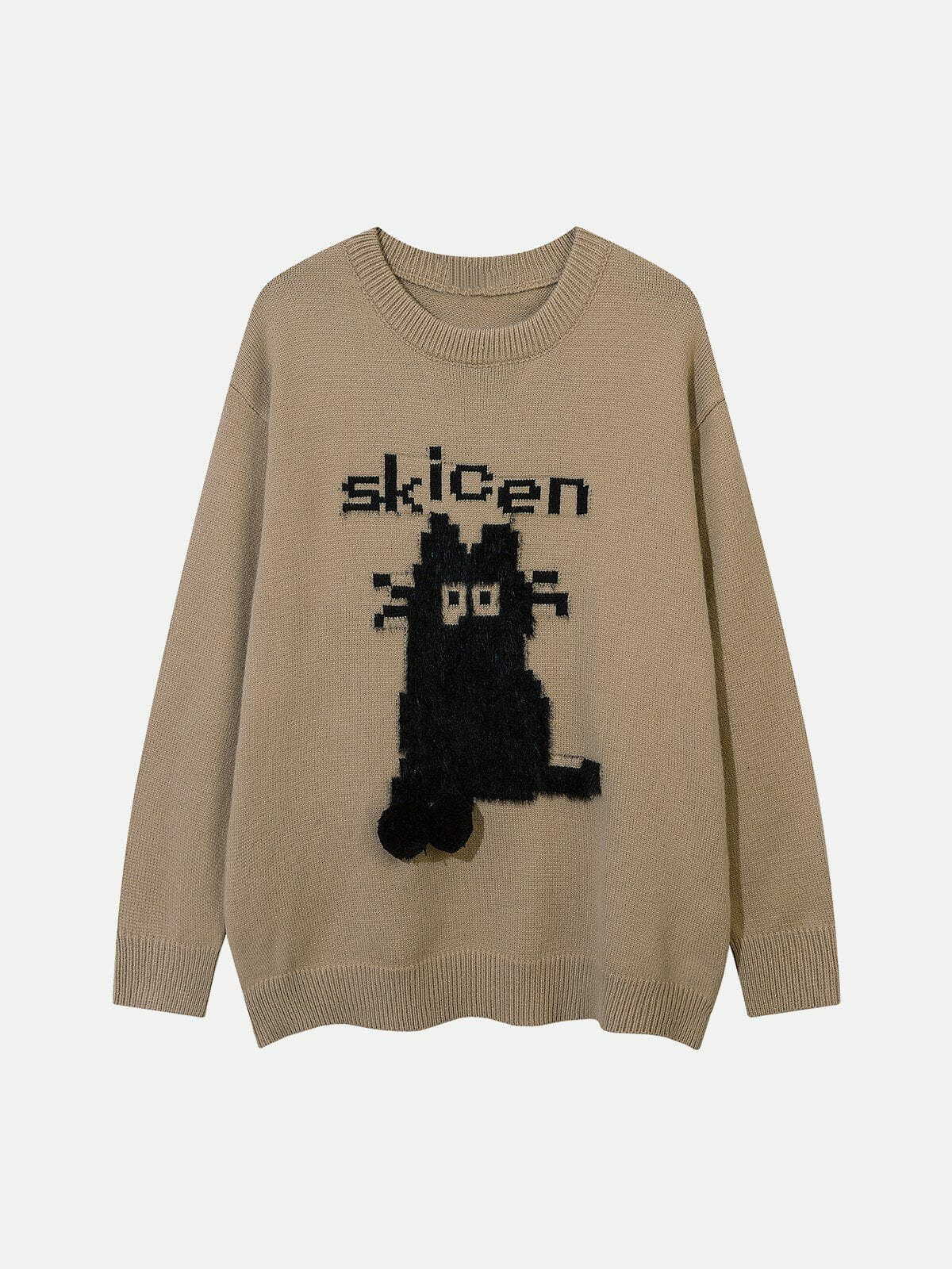 Y2K Vintage Flocked Cartoon Cat Sweater - Retro 90s Grunge Style for Y2K Outfits