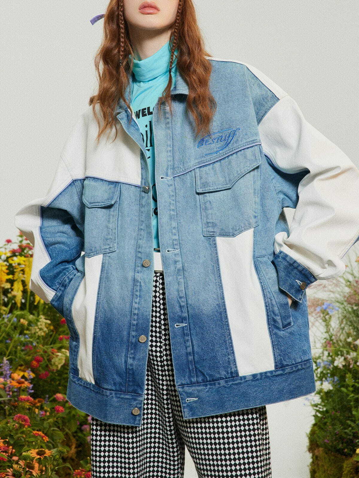 Y2K Vintage Gradient Denim Jacket with Stitching - Retro 90s Grunge Summer Outfit