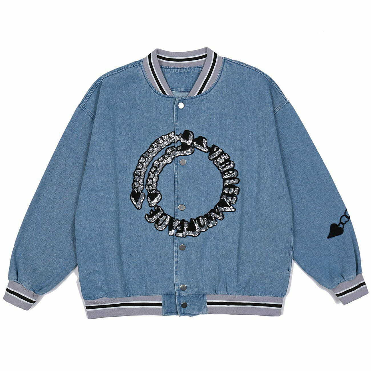 Y2K Vintage Heart Chain Embroidery Varsity Jacket - Retro 90s Grunge Style Outerwear