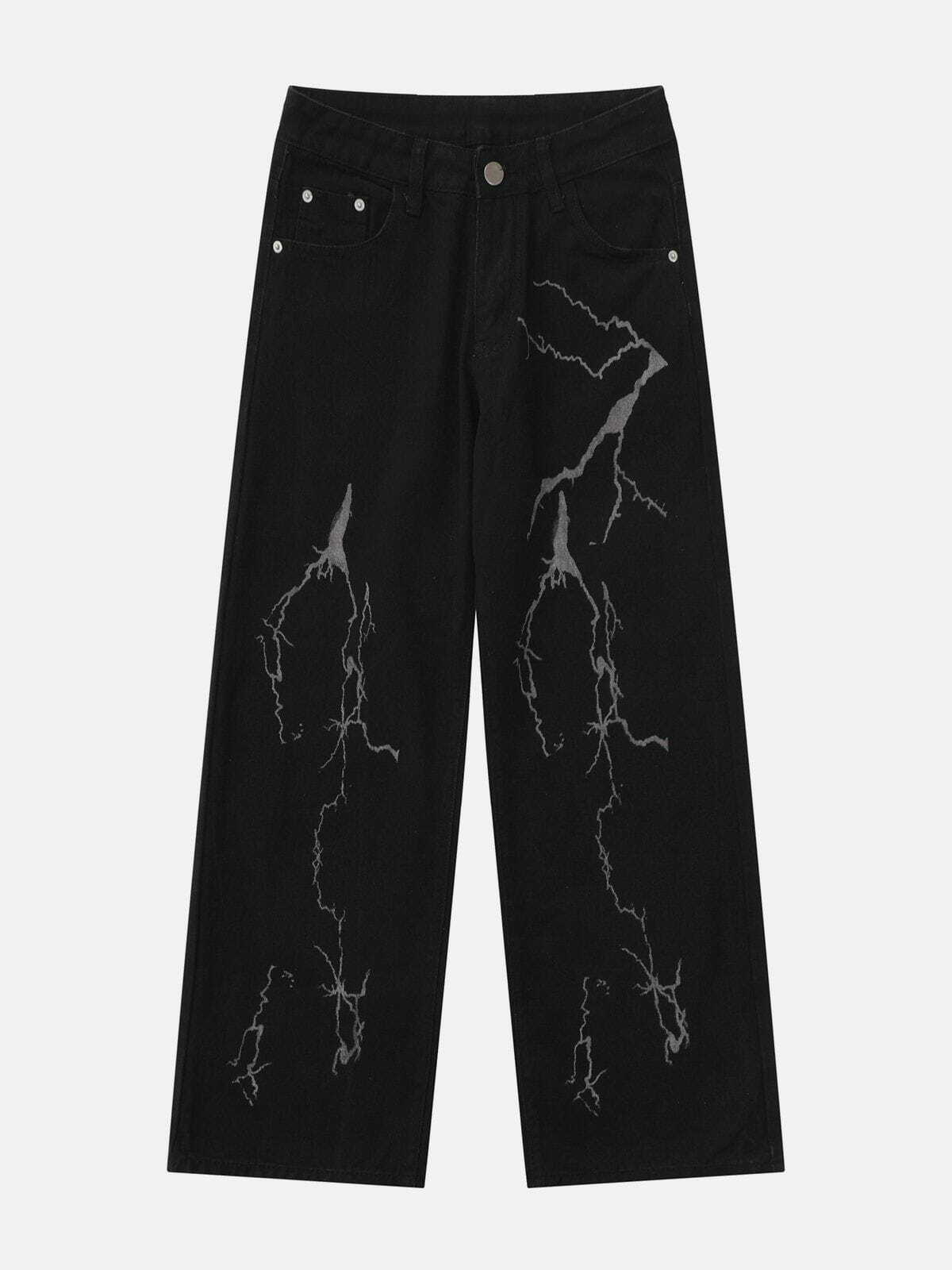 Y2K Vintage Lightning Print Jeans - Retro 90s Grunge Outfit for Summer Parties & Festivals