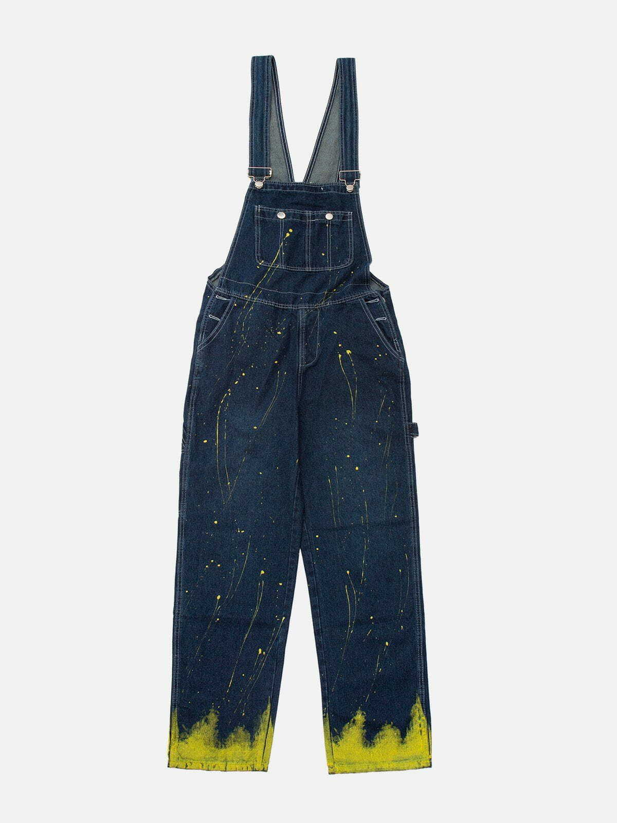 Y2K Vintage Loose Splash Ink Suspender Jeans - Retro Grunge 90s Summer Outfit