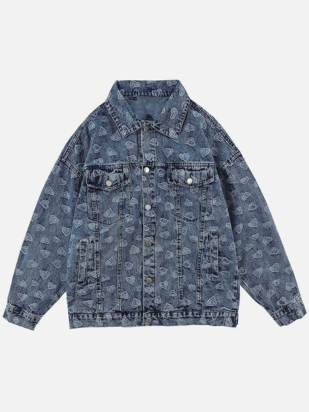 Y2K Vintage Love Jacquard Denim Jacket - Retro 90s Grunge Summer Outfit Essential