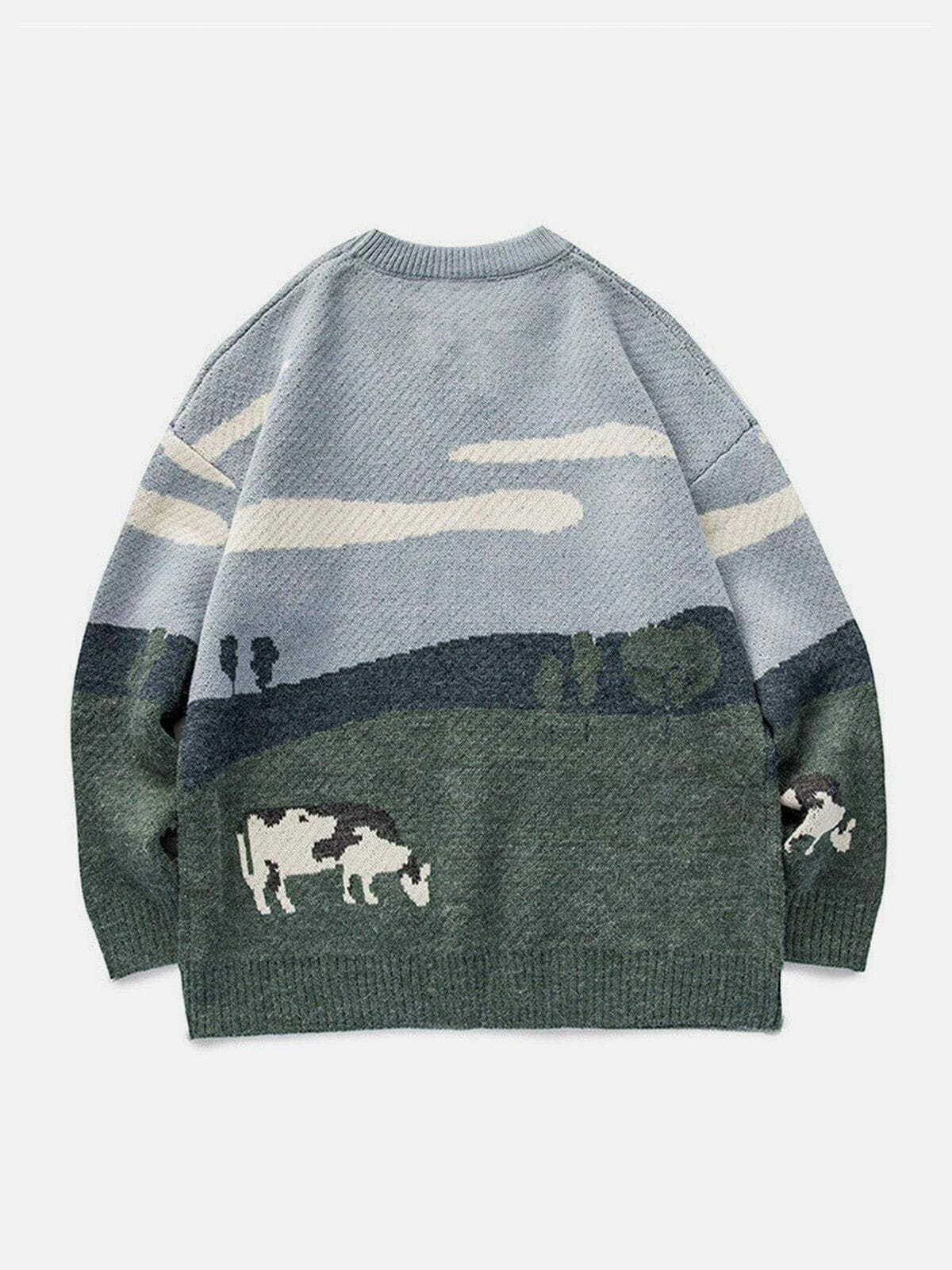 Y2K Vintage Prairie Cow Print Sweater - Retro Grunge Streetwear for Summer Outfits