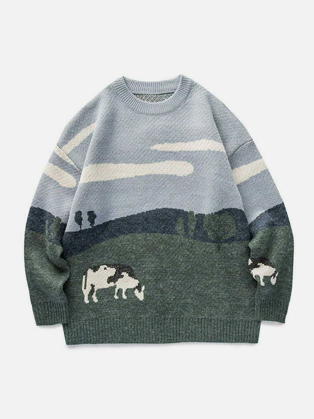 Y2K Vintage Prairie Cow Print Sweater - Retro Grunge Streetwear for Summer Outfits