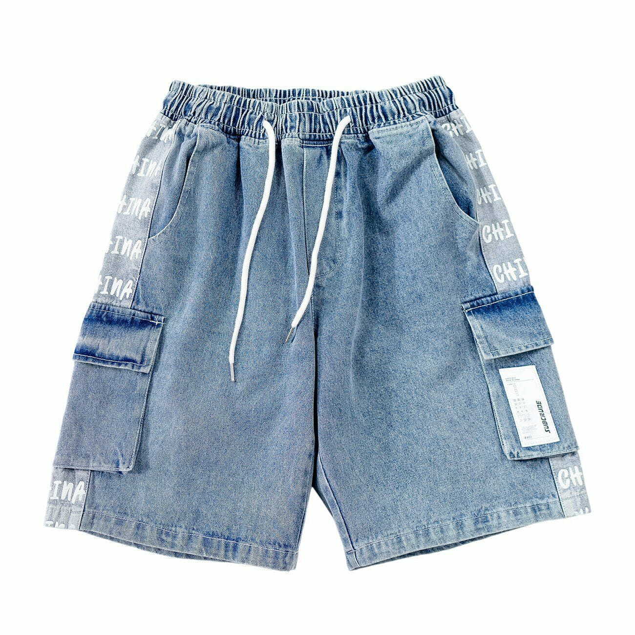 Y2K Vintage Stitching Pocket Letter Print Denim Shorts - Retro 90s Grunge Summer Outfit