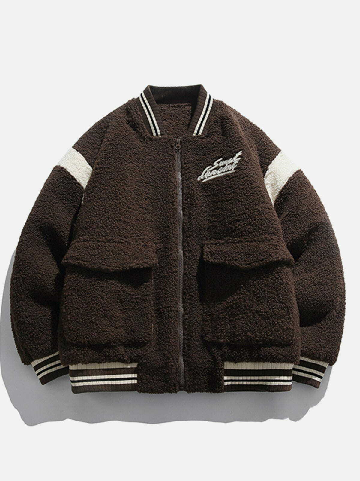 Y2K Vintage Varsity Sherpa Coat - Retro 90s Grunge Style for Y2K Summer Outfits