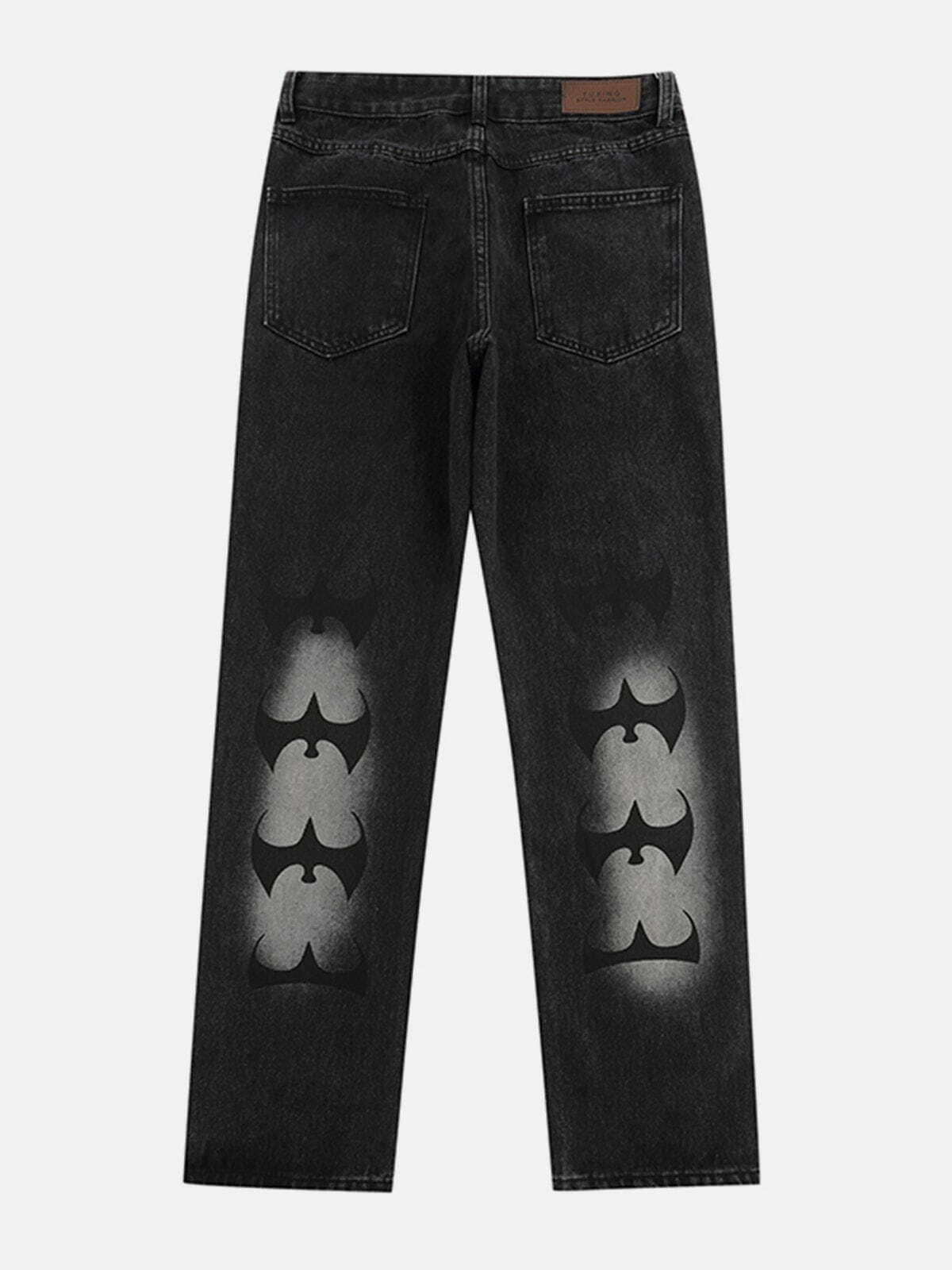 Y2K Vintage Wash Distressed Bat Embroidered Jeans - Grunge 90s Fashion Outfit