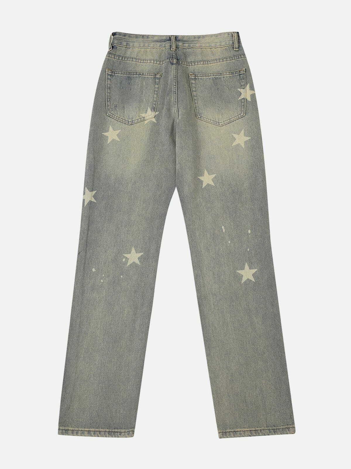 Y2K Vintage Wash Distressed Star Print Jeans for Retro 90s Grunge Summer Outfits