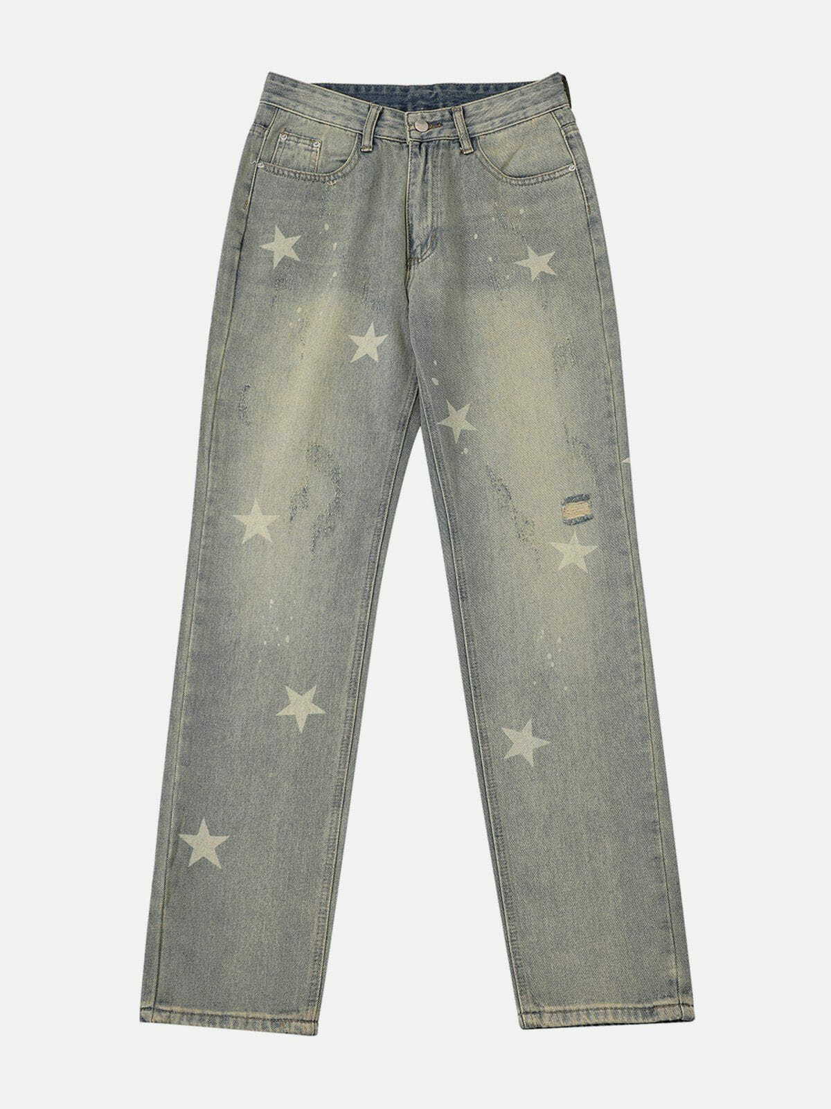 Y2K Vintage Wash Distressed Star Print Jeans for Retro 90s Grunge Summer Outfits