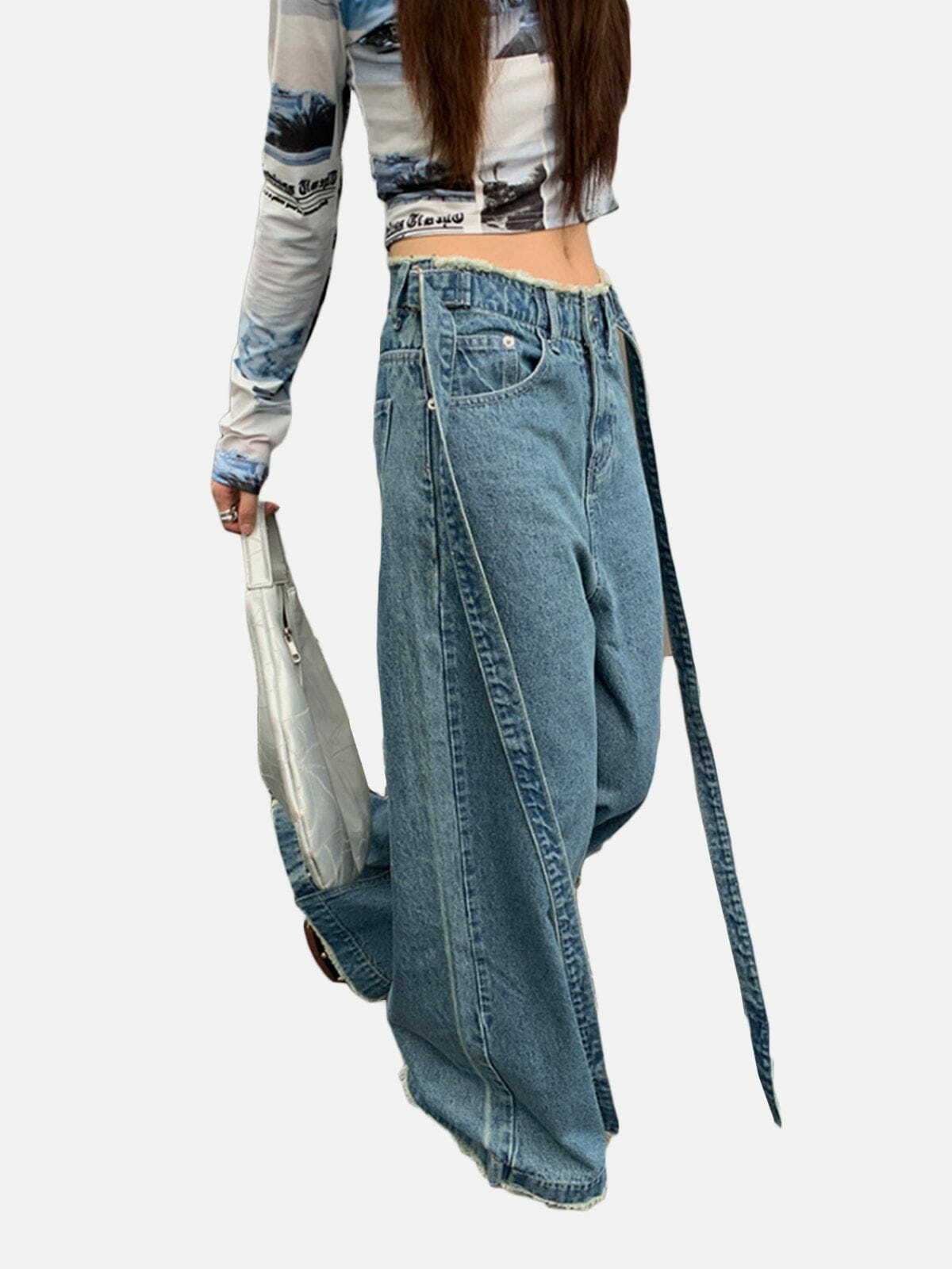 Y2K Vintage Washed Raw Hem Jeans - Grunge 90s Style Summer Outfit for Retro Vibes