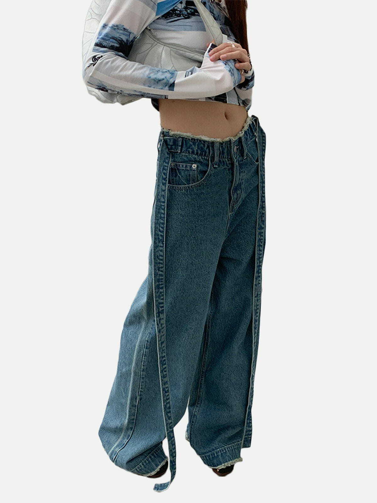 Y2K Vintage Washed Raw Hem Jeans - Grunge 90s Style Summer Outfit for Retro Vibes