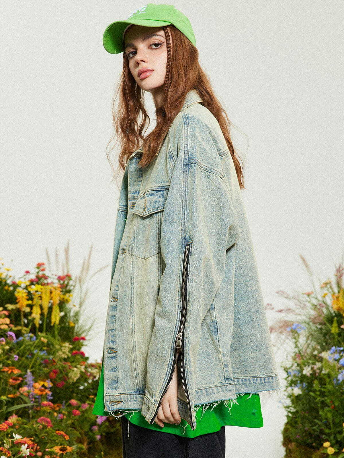 Y2K Washed Design Zip Denim Jacket - Retro 90s Grunge Summer Outfit Essential