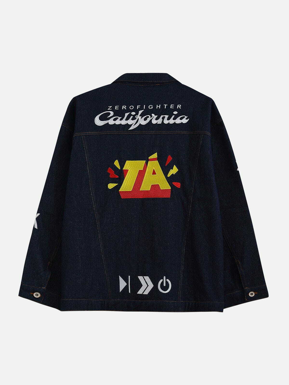 Y2K Washed Embroidered Badge Denim Jacket - Retro 90s Grunge Summer Outfit Essential