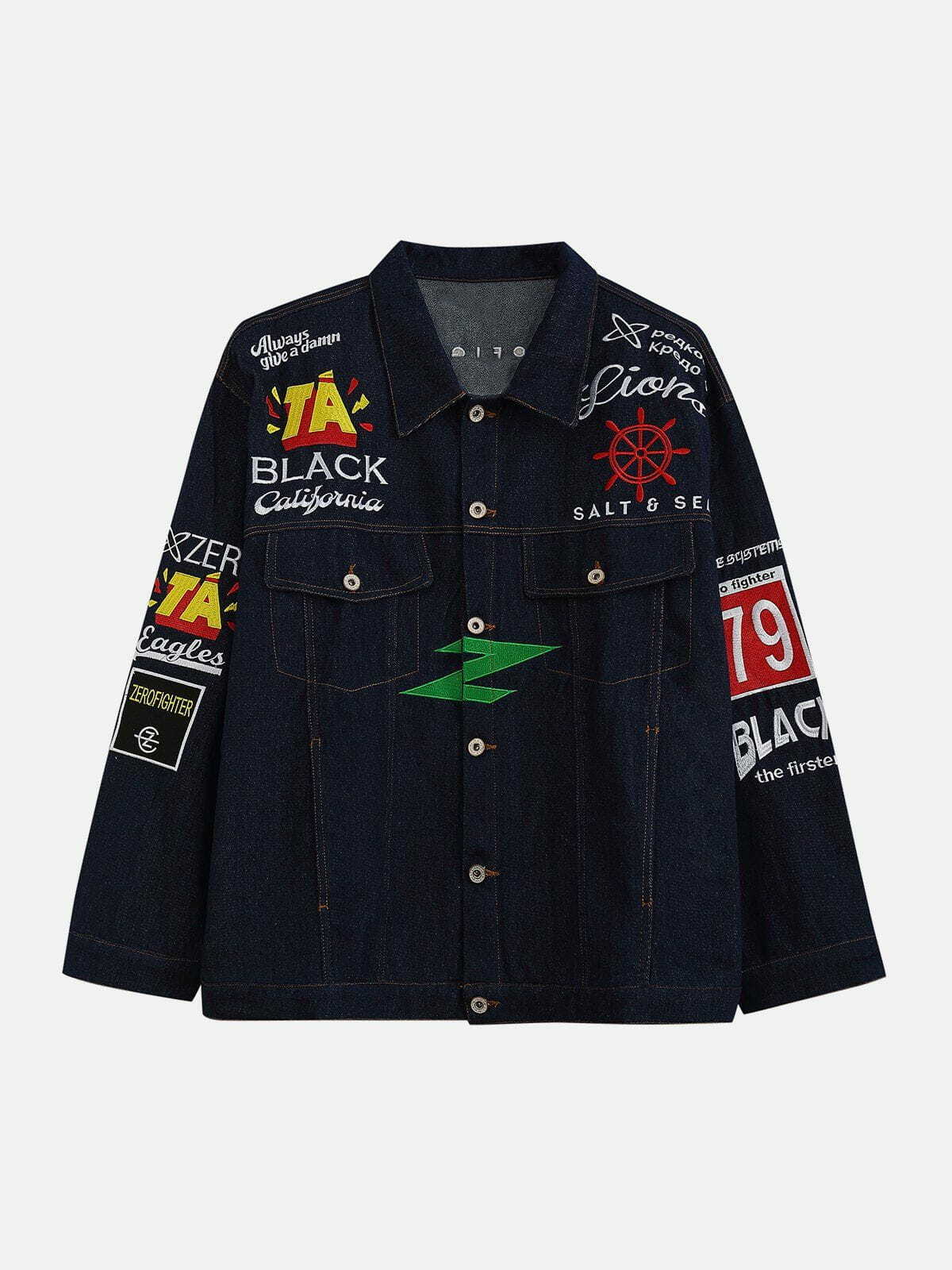 Y2K Washed Embroidered Badge Denim Jacket - Retro 90s Grunge Summer Outfit Essential