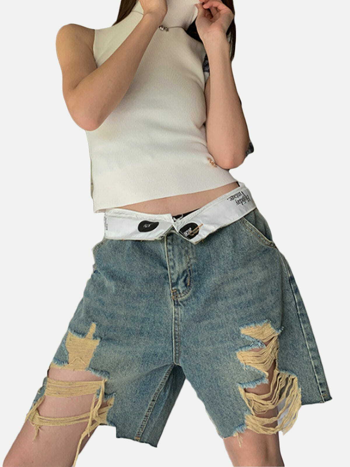 Y2K Washed Ripped Denim Shorts - Grunge Summer Outfit, Retro 90s Style, Y2K Party Fit