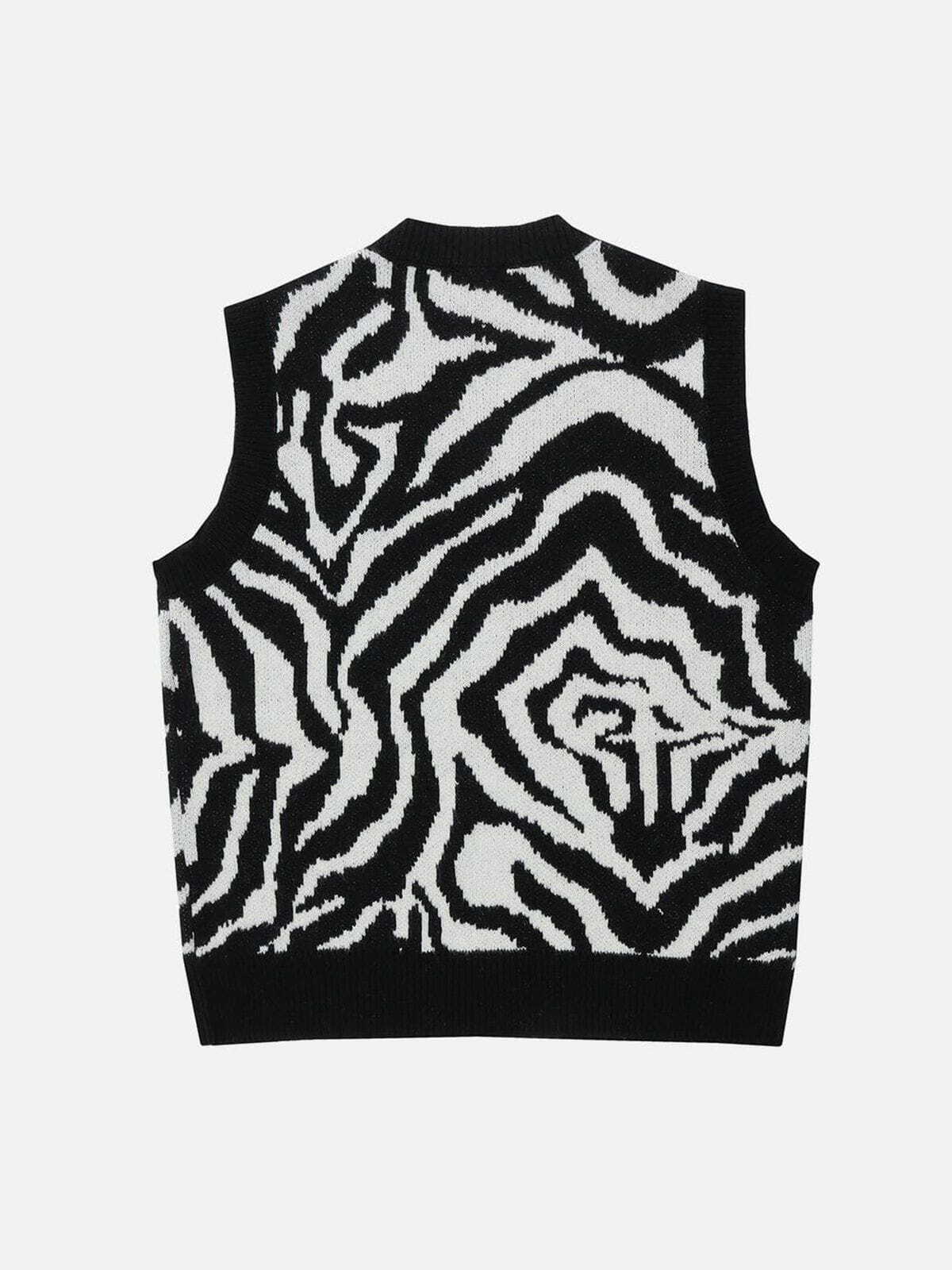 Y2K Zebra Pattern Embroidery Sweater Vest - Retro 90s Grunge Outfit for Summer Parties